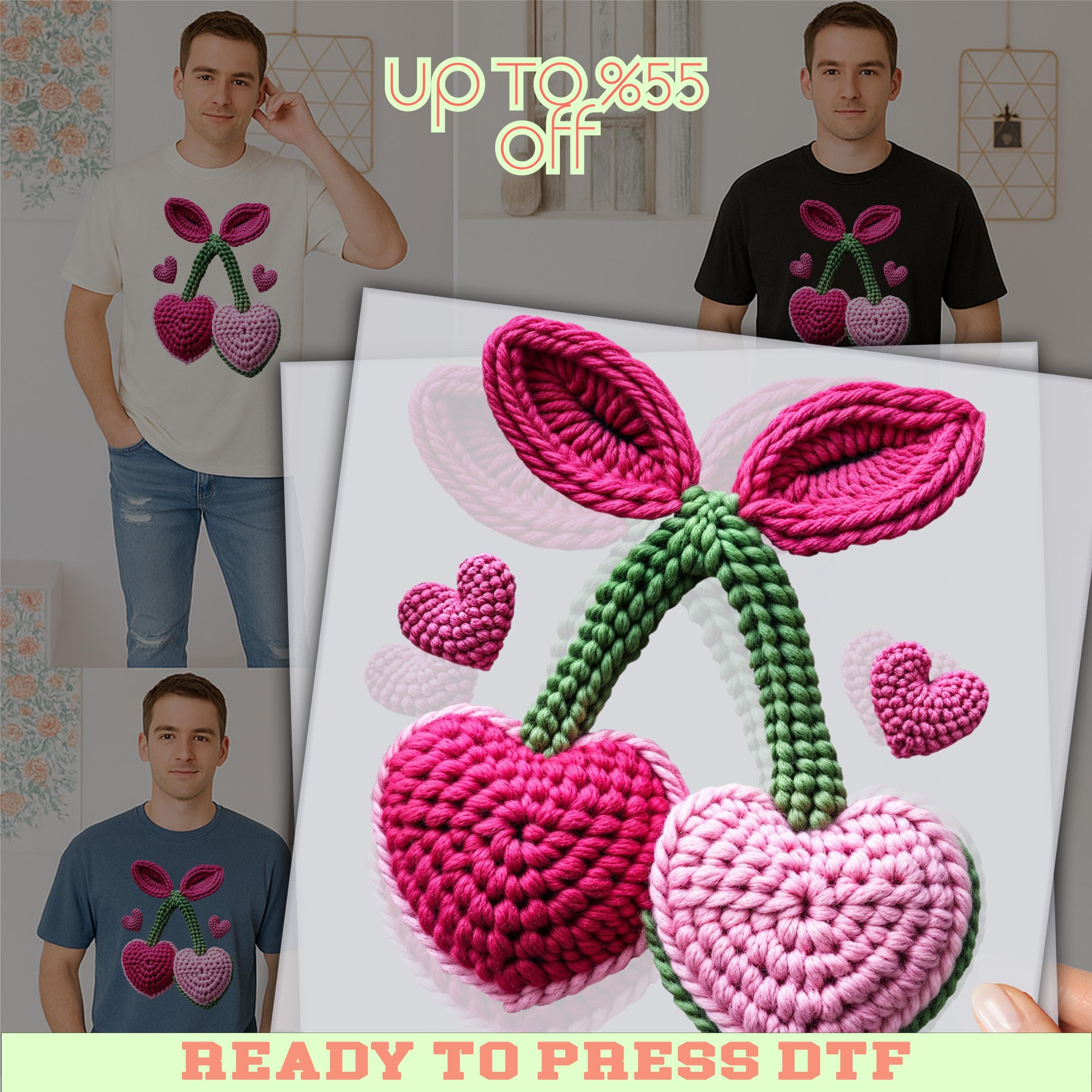 The image is a collage featuring a man wearing a white t-shirt with a crocheted design of cherries and hearts. The collage includes multiple images of the man wearing the t-shirt, as well as images of the crocheted designs. The collage also includes text that reads "UP TO 8.55 OFF" and "READY TO PRESS DTF", suggesting that there is a sale or promotion related to the t-shirt design.