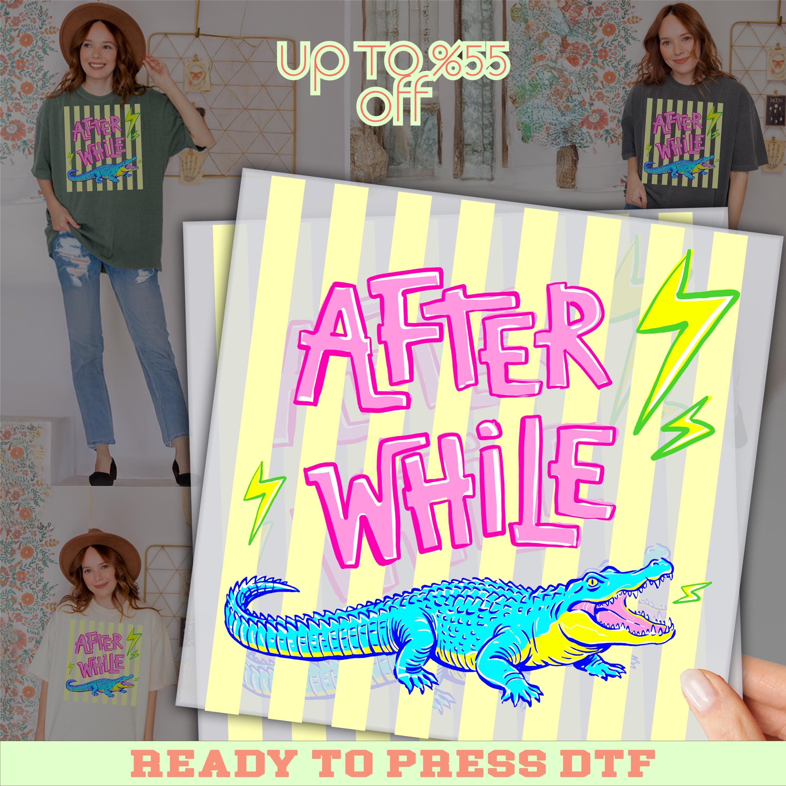 After While Crocodile Dtf , Retro Striped Summer Design, Full Color Heat Transfer, Ready for Press