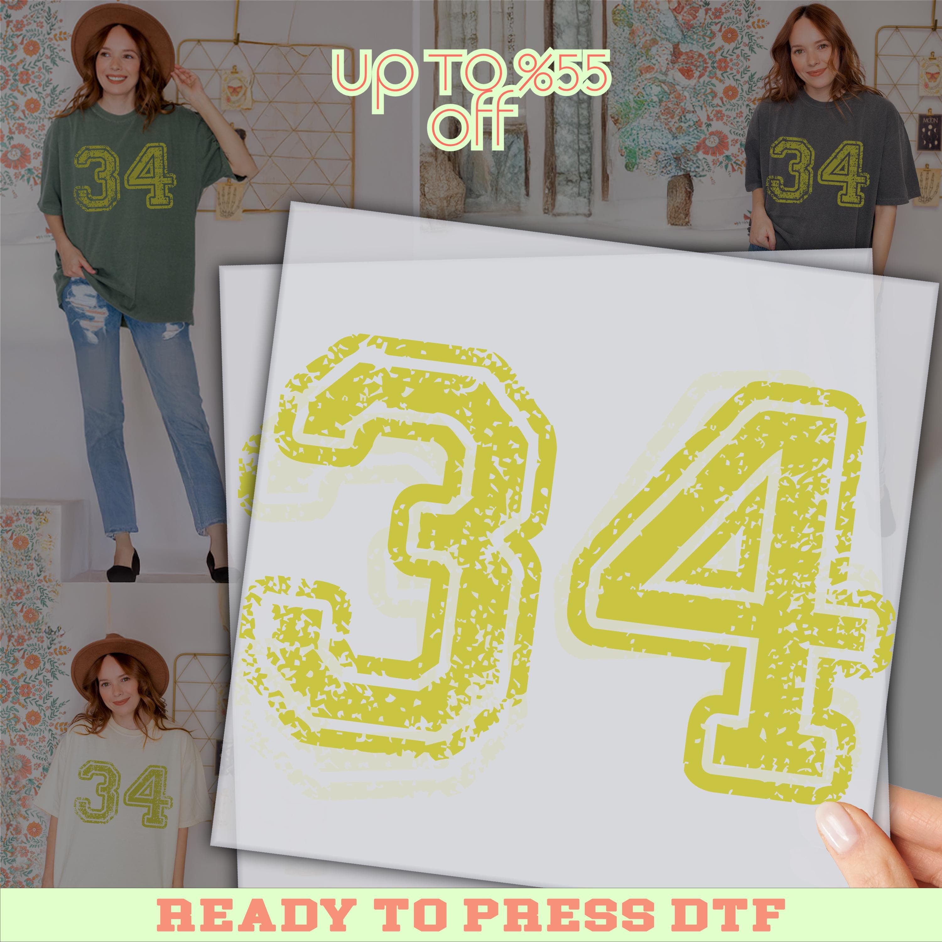 The image is a promotional advertisement featuring a large number "34" in yellow and white, along with a price offer of up to $8.55 off. The ad also includes a collage of images of women wearing t-shirts with the number "34" printed on them.
