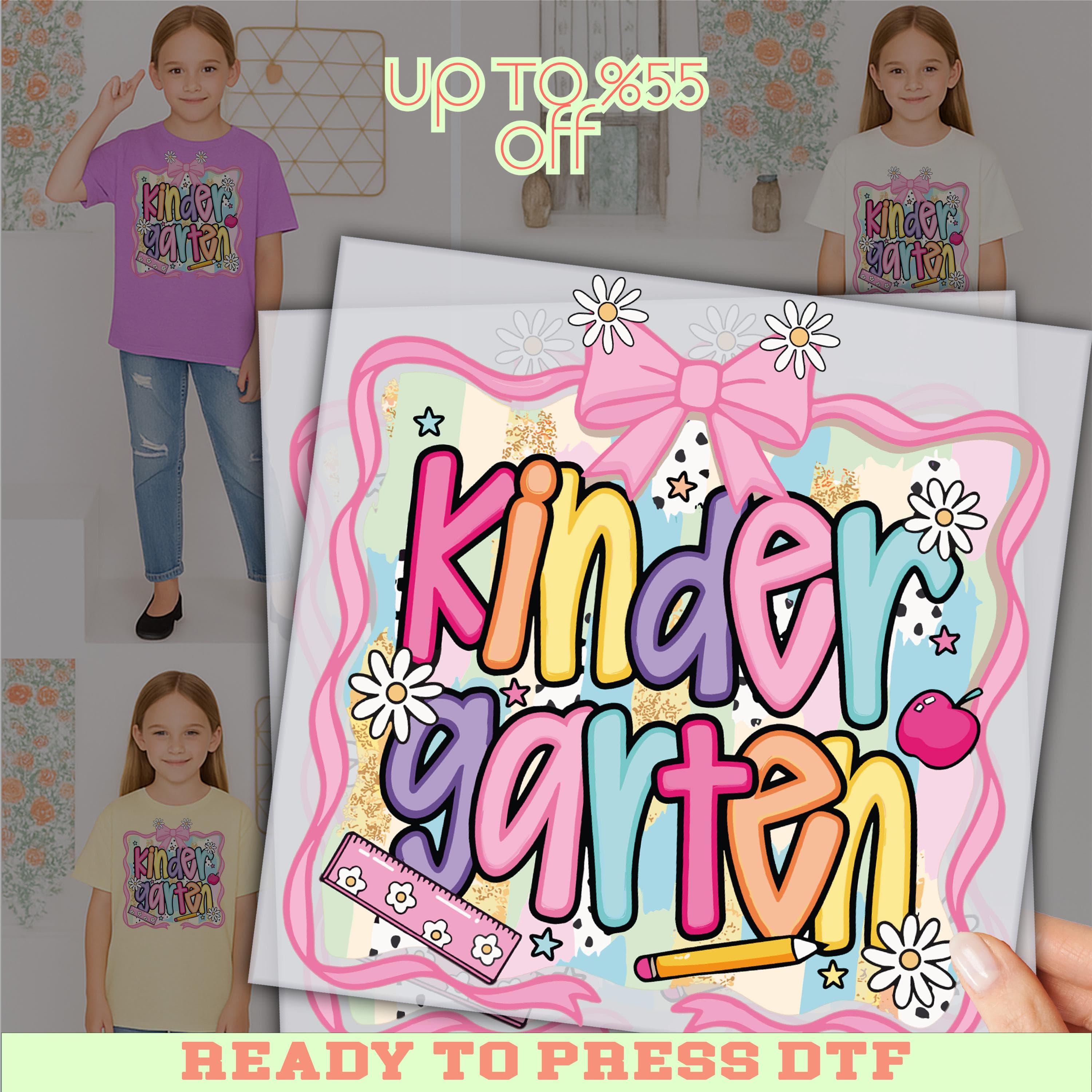 Kindergarten DTF Transfer, Back To School Shirt Print, Ready To Press Pre-K Teacher Gift Design, Cute Colorful Pencil Apple Crayon Art Print