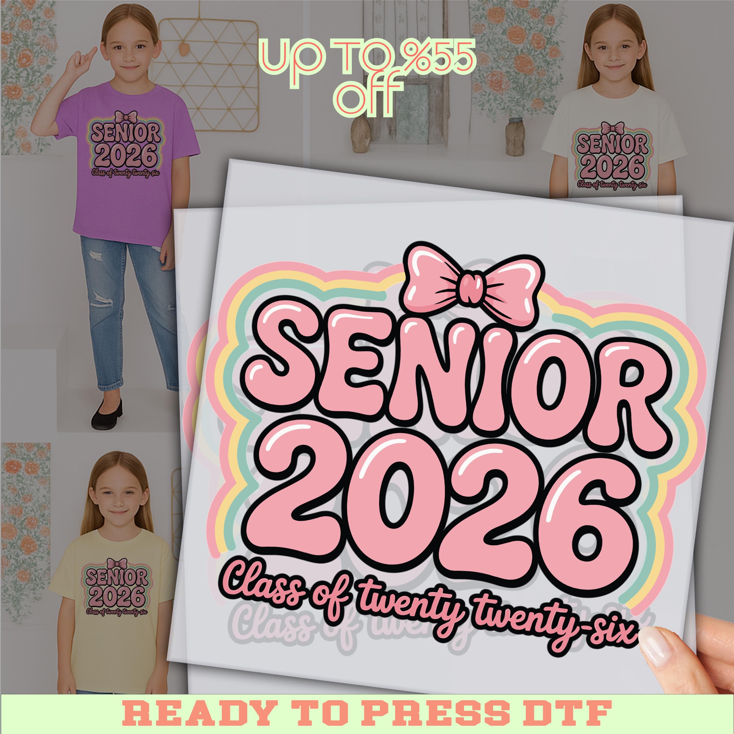 Senior 2026 DTF Transfer: Class of 2026 Pink Bow Graduation Shirt Design For Students ot Their Families