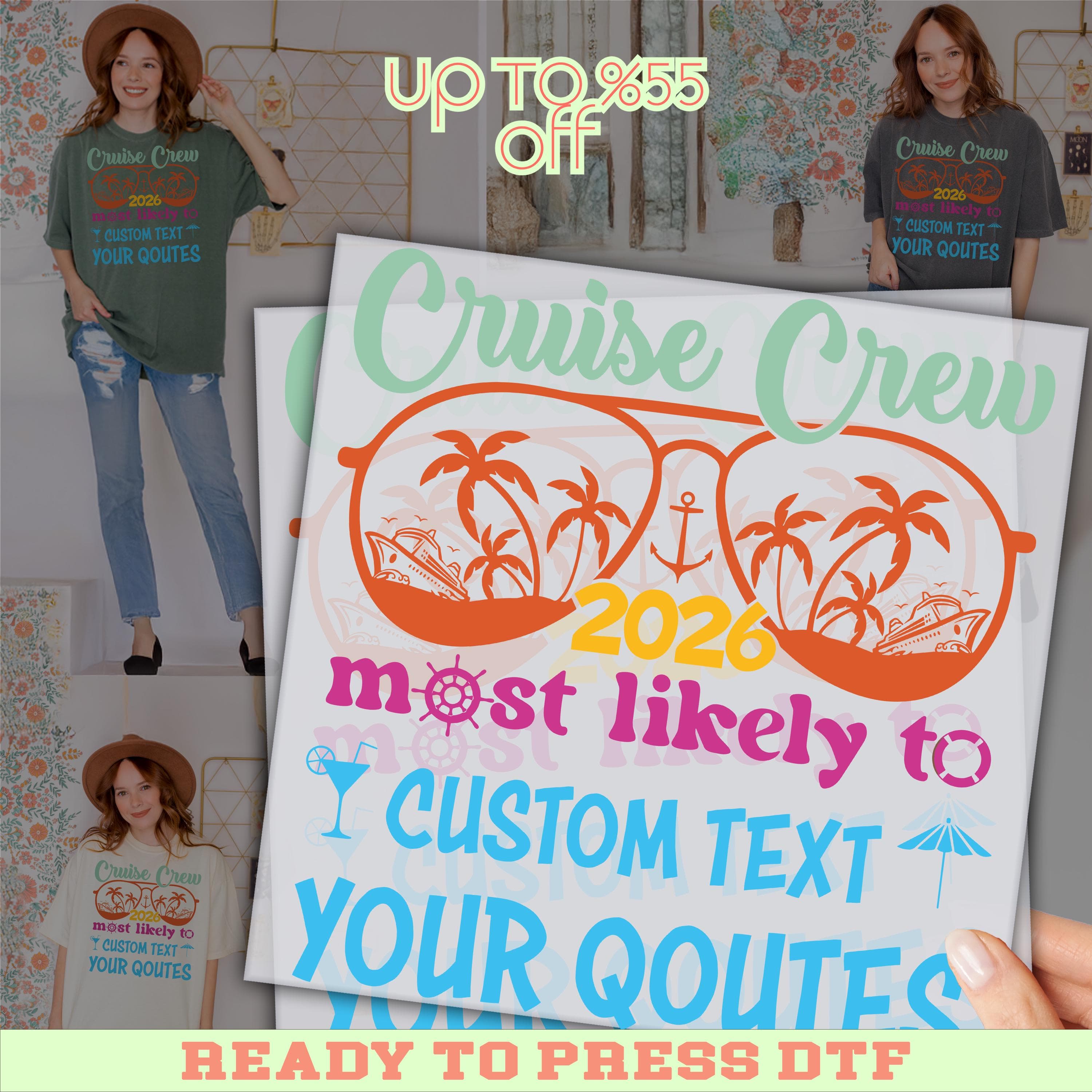 The image is an advertisement for a cruise crew t-shirt, featuring a collage of images of people wearing the t-shirt and a large graphic of sunglasses with palm trees and a ship. The text on the t-shirt says "Cruise Crew" and "2020 most likely to custom text your quotes".