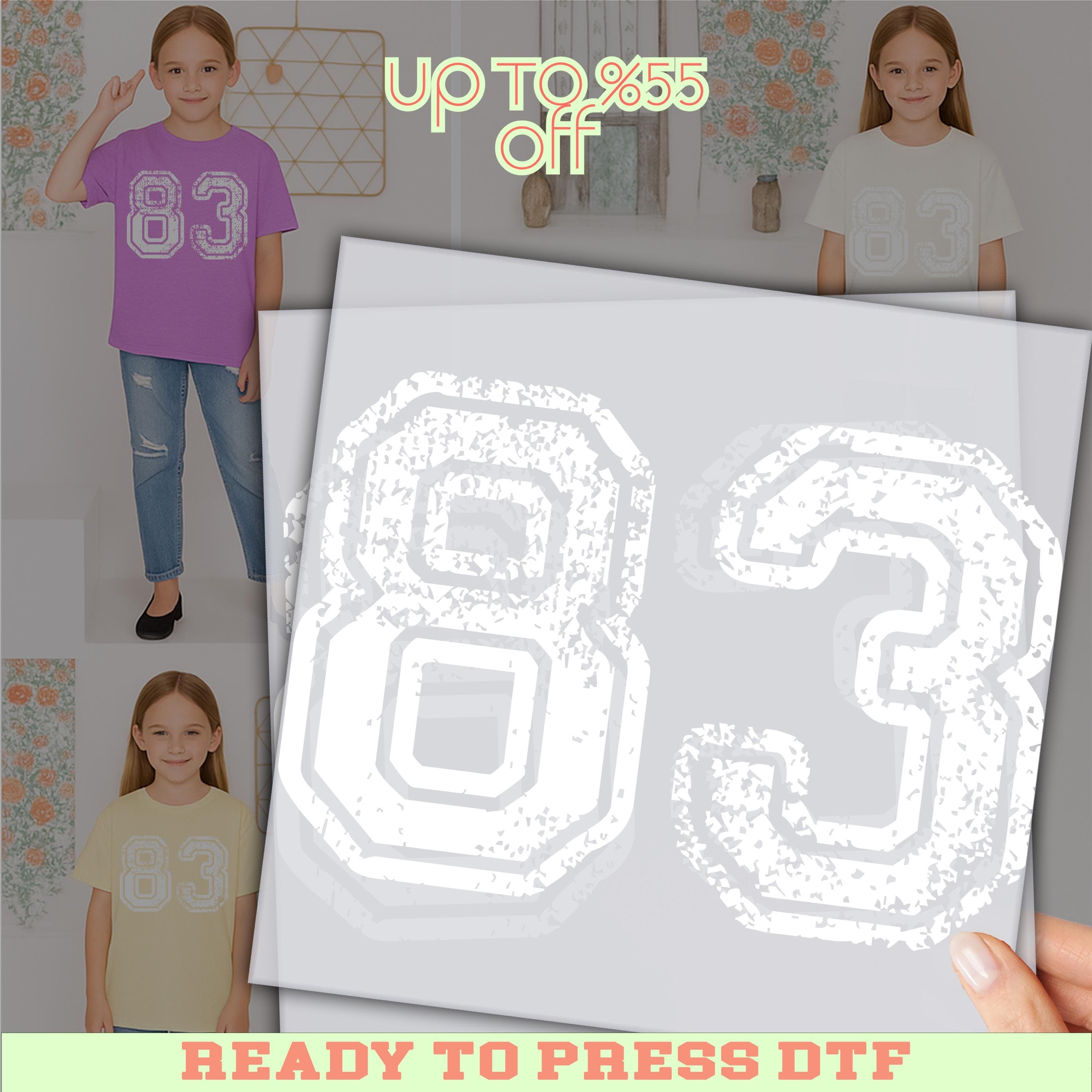 The image is a promotional advertisement featuring a young girl wearing a pink shirt with the number 83 on it. The advertisement includes a large number 3 graphic and a price offer, along with a hand holding a sign that says "READY TO PRESS DTF".