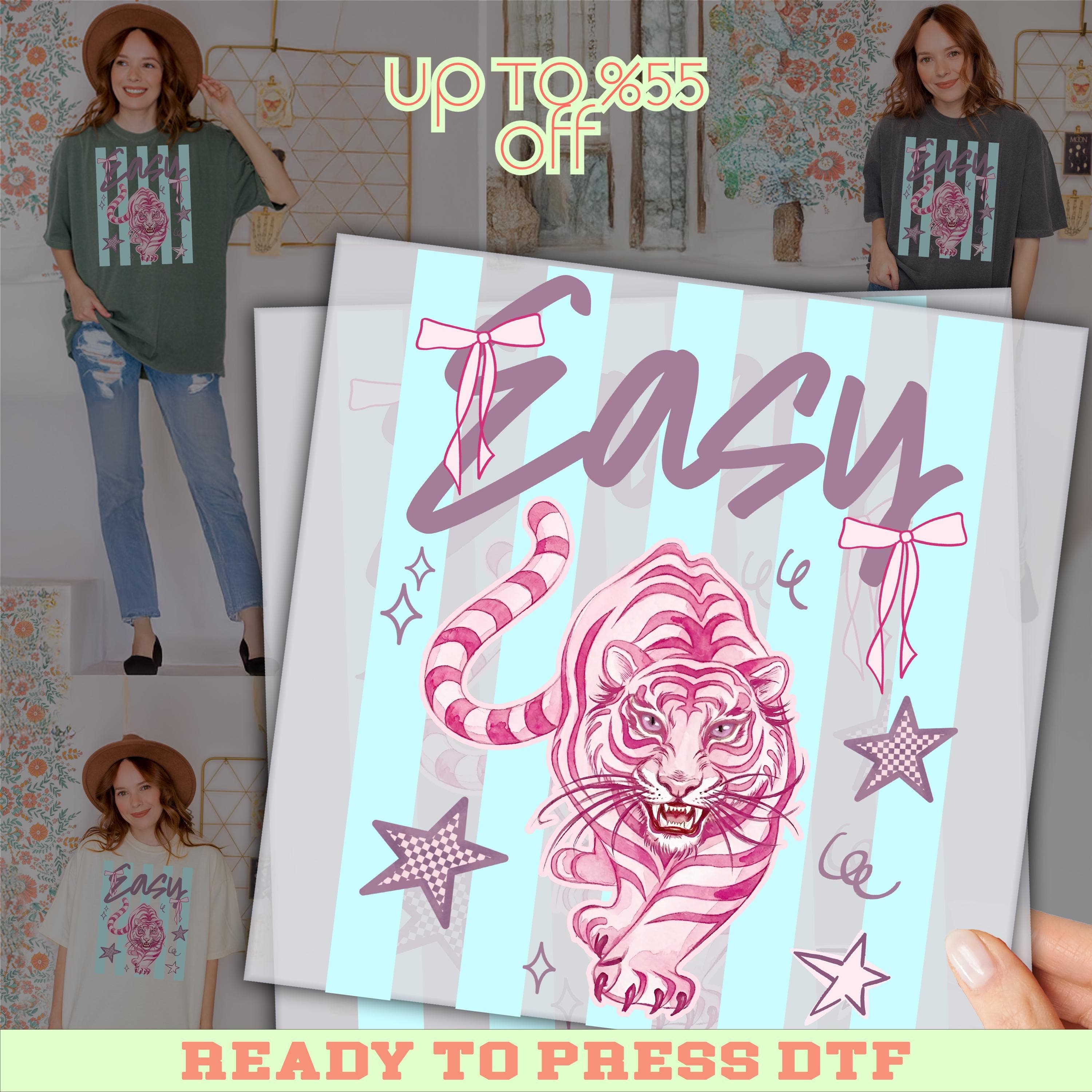 Easy Tiger Bow Dtf , Retro Striped Summer Design, Full Color Heat Transfer, Ready for Press