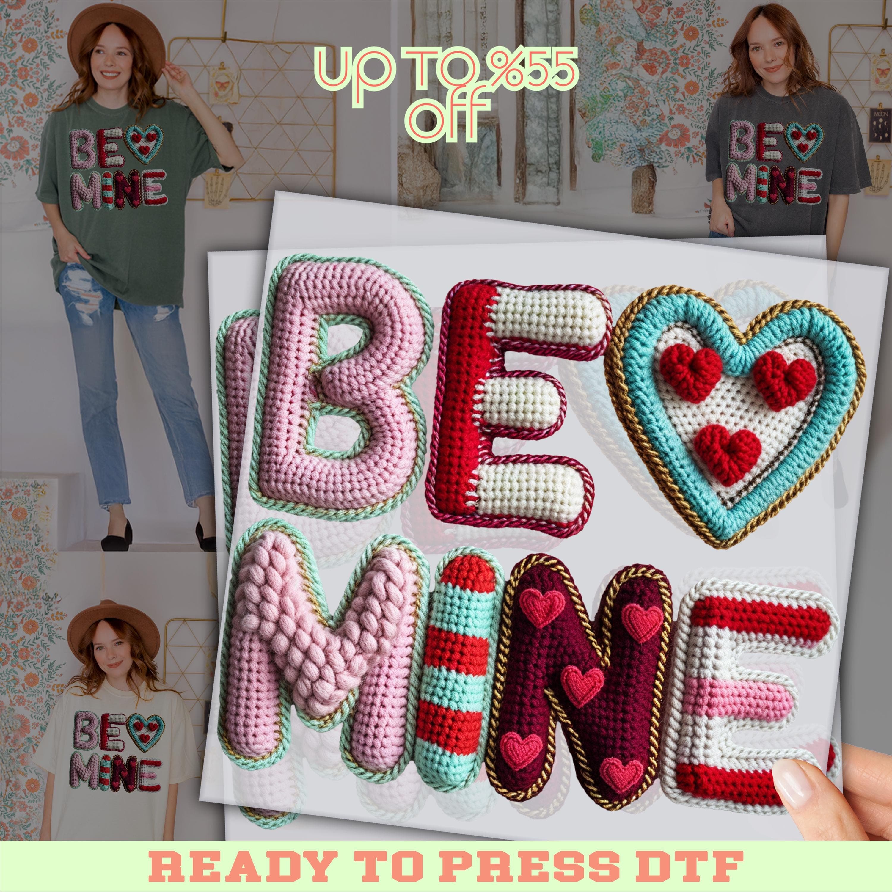 Be Mine Faux Yarn DTF Transfer: Valentines Day Heart Heat Press