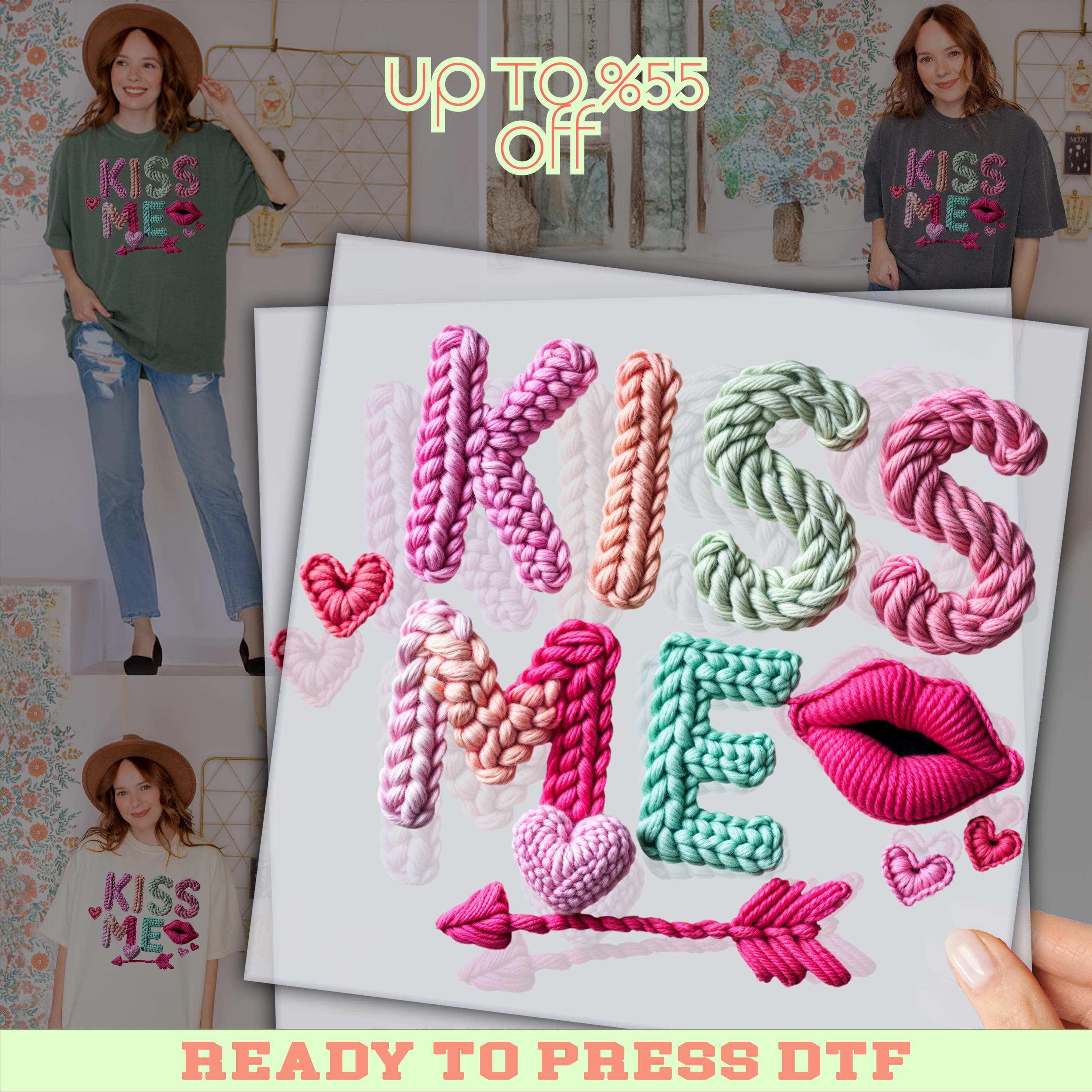 Valentines Day Heat Press: Kiss Me Faux Yarn DTF Print