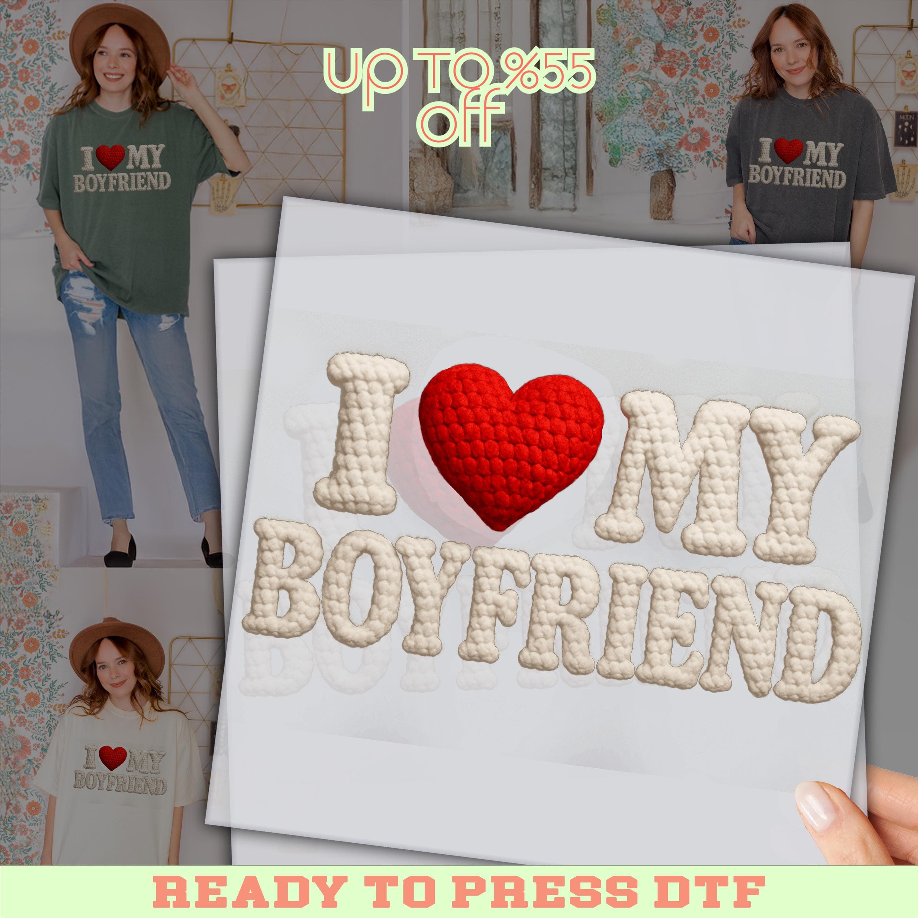 I Love My Boyfriend Faux Yarn DTF Print: Valentines Day Matching Heat Press