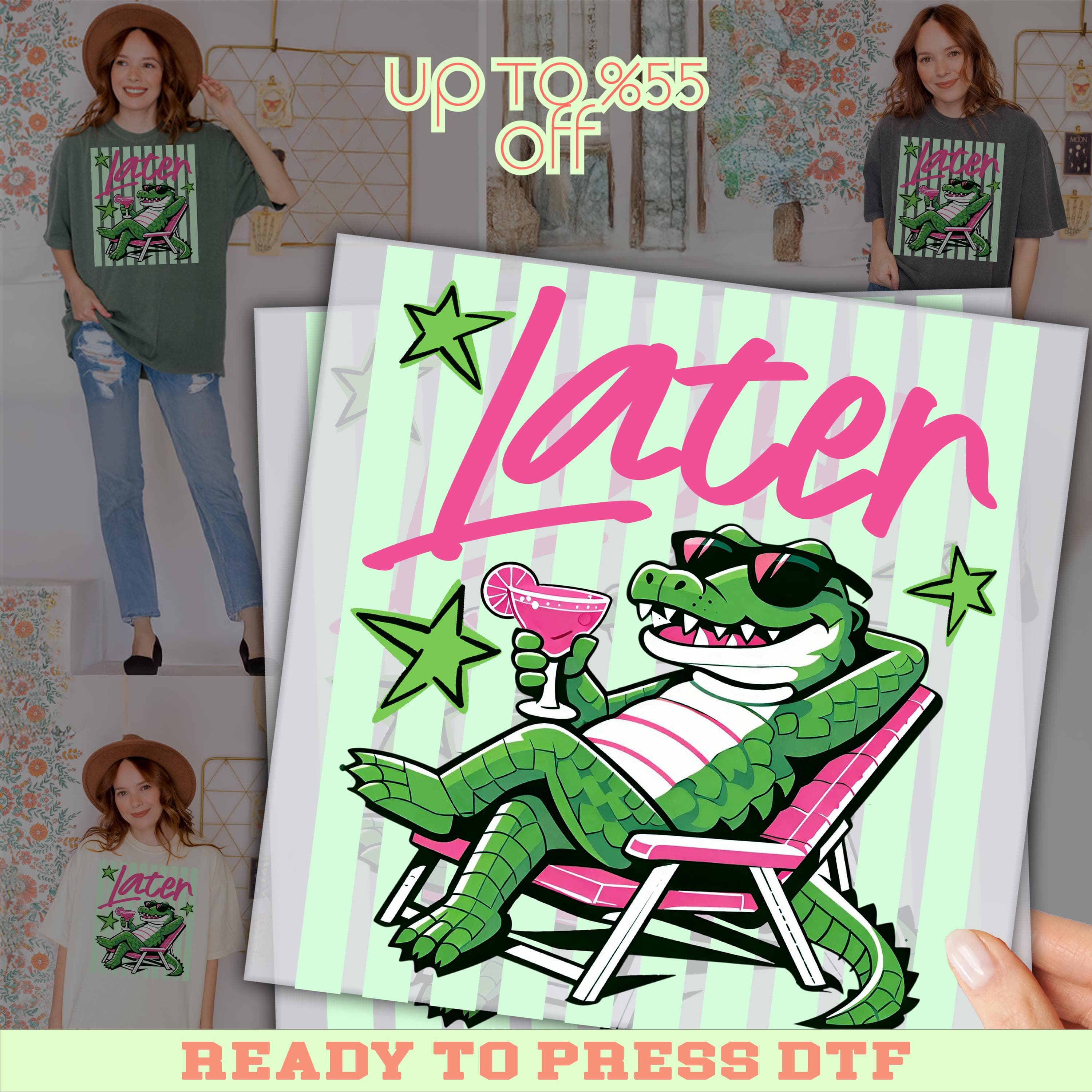 Later Crocodile Rest Dtf , Retro Striped Summer Design, Full Color Heat Transfer, Ready for Press
