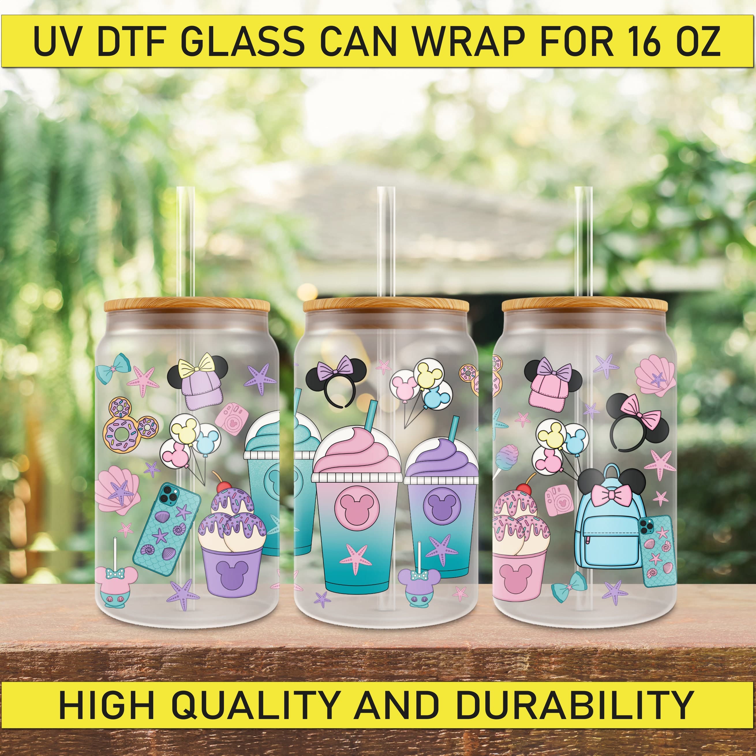 16oz UV Dtf Disney, Minnie Mouse Ready to Apply Cup Wrap, Stickers UV Dtf, 16oz Glass Can Wrap, No Heat Needed, High Quality Prints, Decals