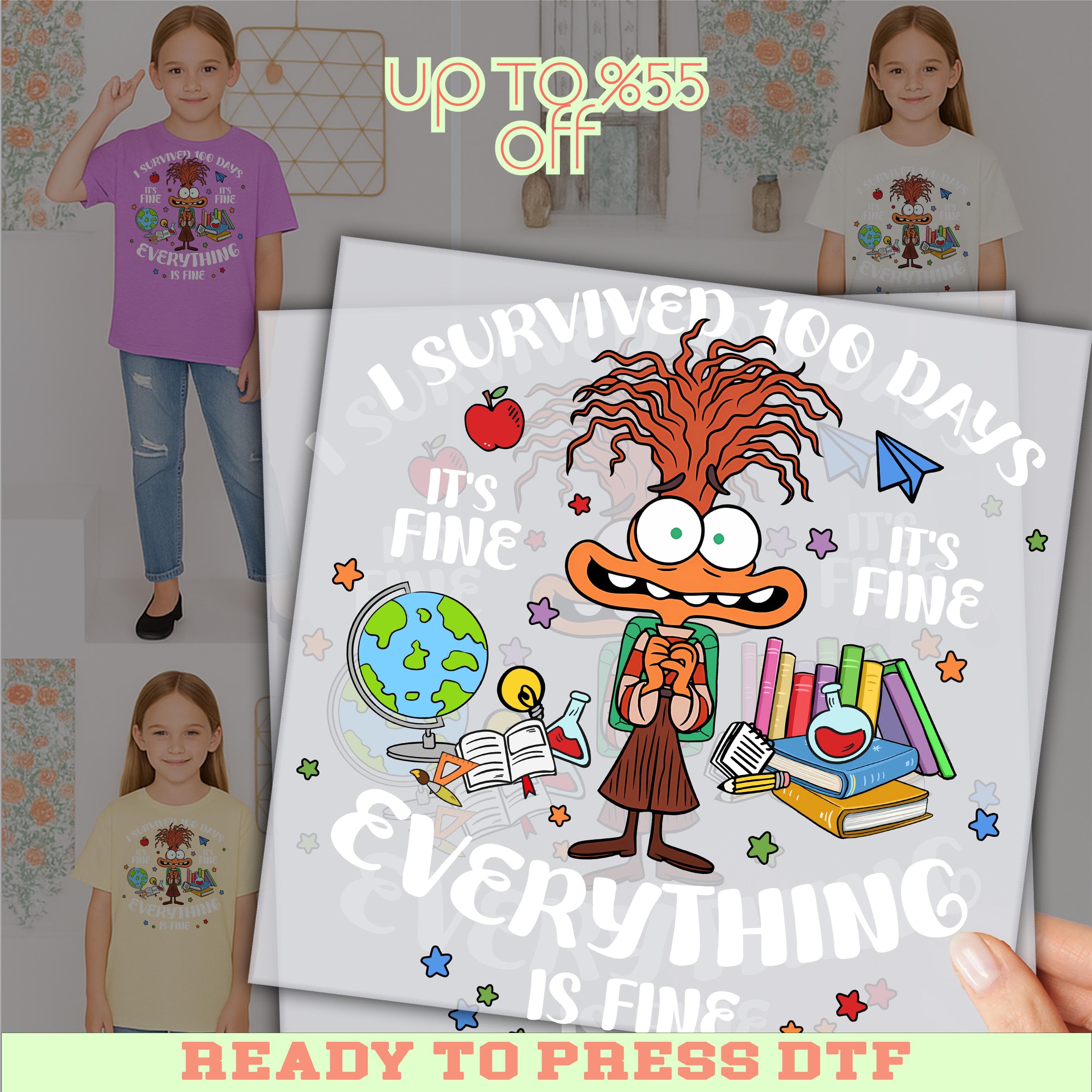 The image is a promotional poster featuring a cartoon character with a large, comical expression, surrounded by various educational and science-themed elements such as books, a globe, and a magnifying glass. The text on the poster includes phrases like "I SURVIVED 100 DAYS", "IT'S FINE", and "EVERYTHING IS FINE", suggesting a positive message about resilience and the importance of education.