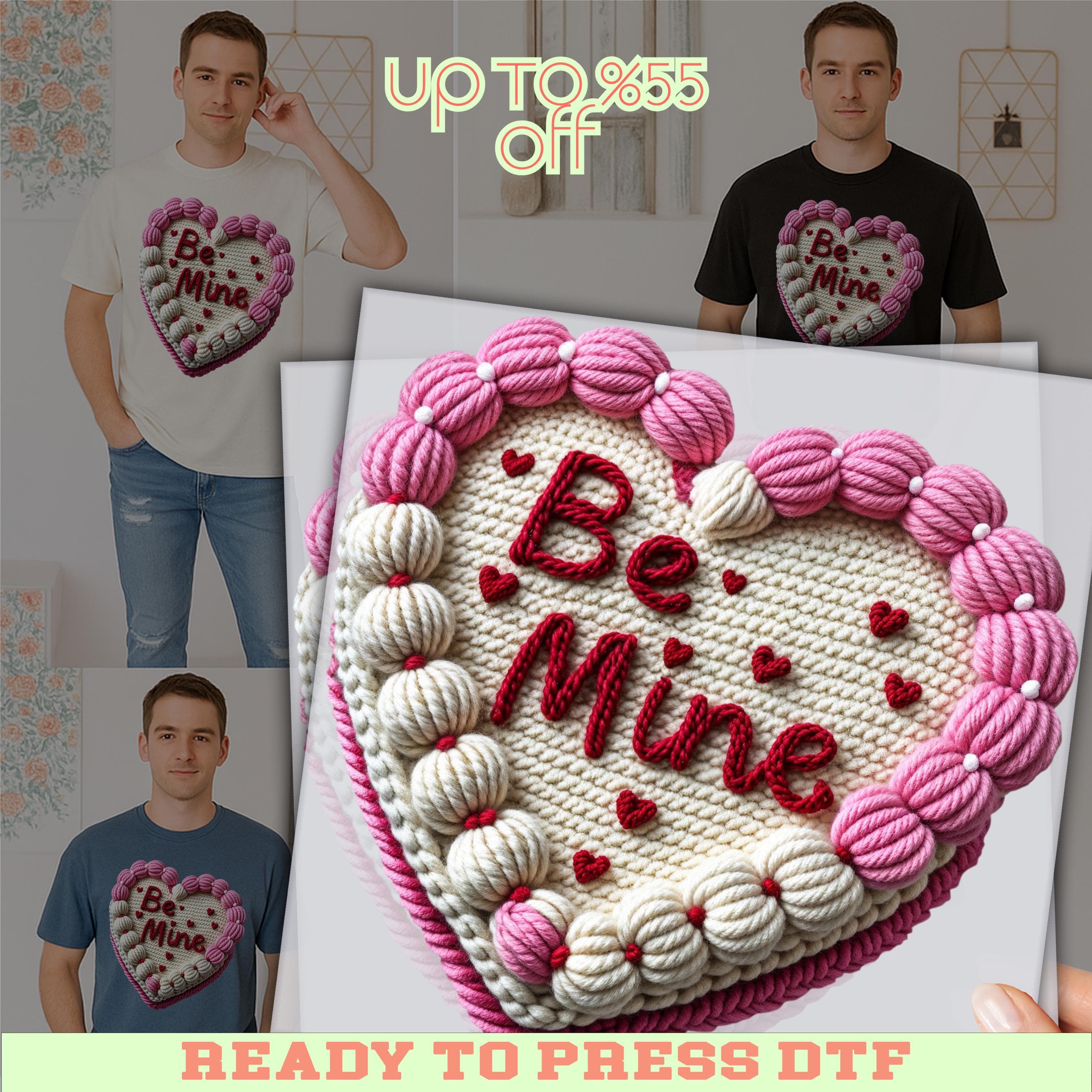 The image is a collage featuring a heart-shaped cake with the words "Be Mine" written on it, along with a man wearing a t-shirt with the same design. The collage also includes a man posing with a heart-shaped cake and a man holding a heart-shaped cake. The image is described as a "collage of multiple images" and "ready to press DTF", indicating that it is a collection of images related to the heart-shaped cake design.