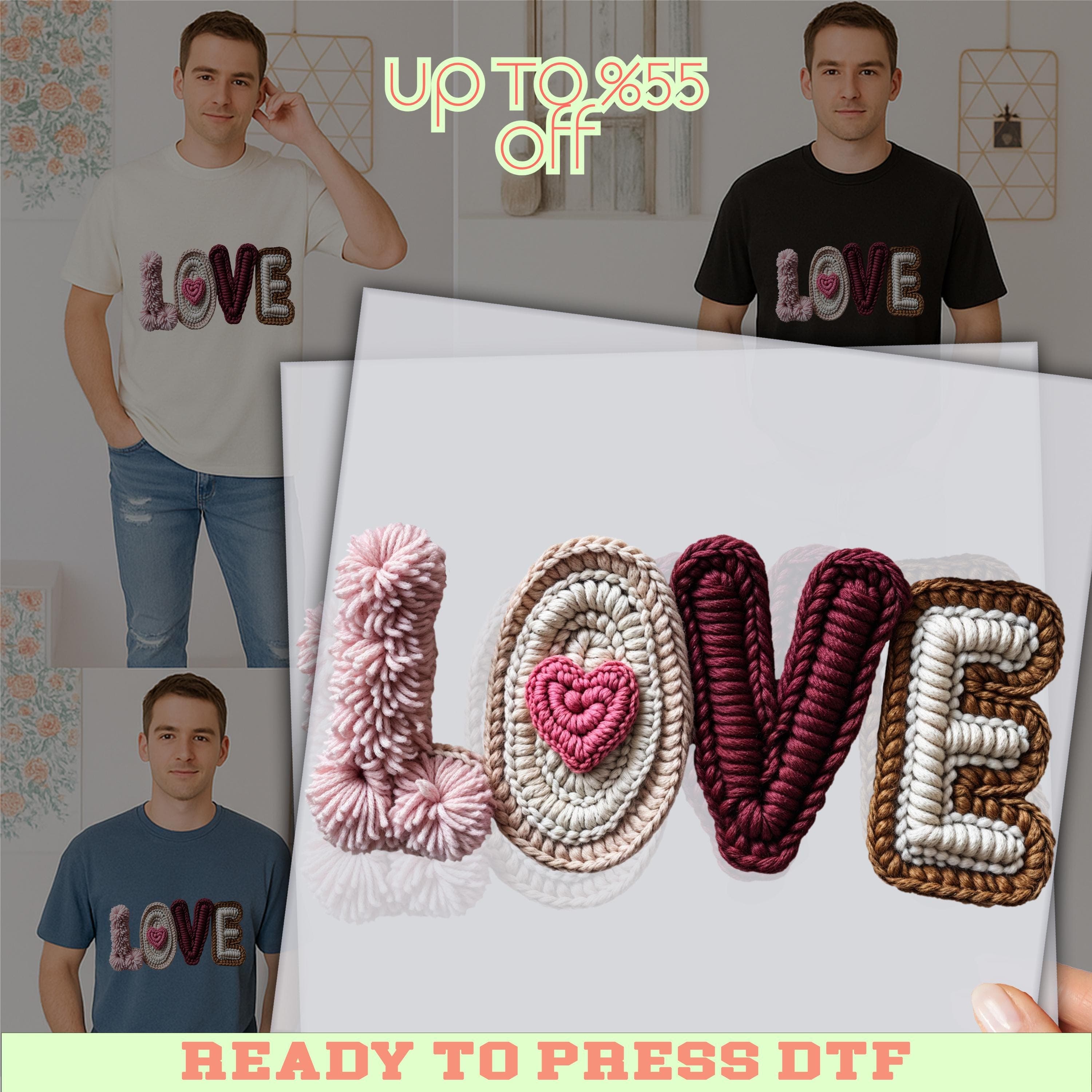 The image is a promotional advertisement featuring a man wearing a t-shirt with the word "LOVE" printed on it. The t-shirt is displayed in various sizes and colors, with the word "LOVE" prominently featured in different ways. The image also includes text that says "UP TO 8.55 OFF" and "READY TO PRESS DTF", suggesting that there is a sale or discount available for the t-shirt.