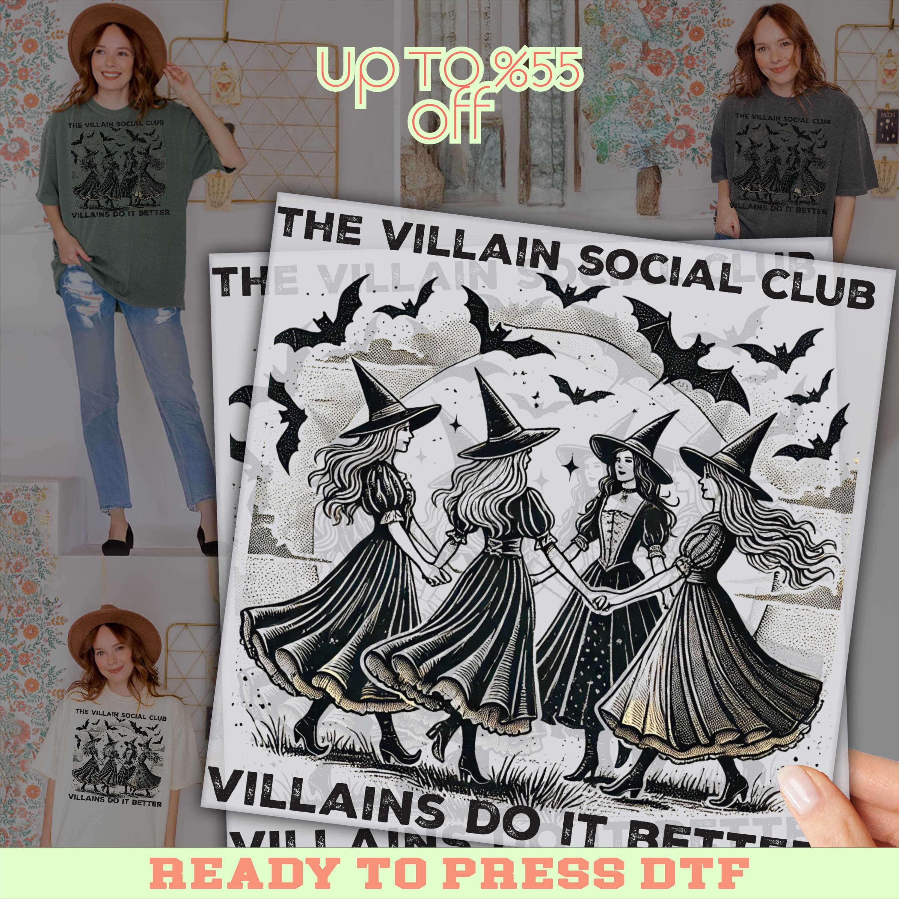 Villain Social Club DTF Transfer, Gothic Witch Halloween Shirt, Villains Do It Better Tee, Retro Witchcore Print, Ready To Press