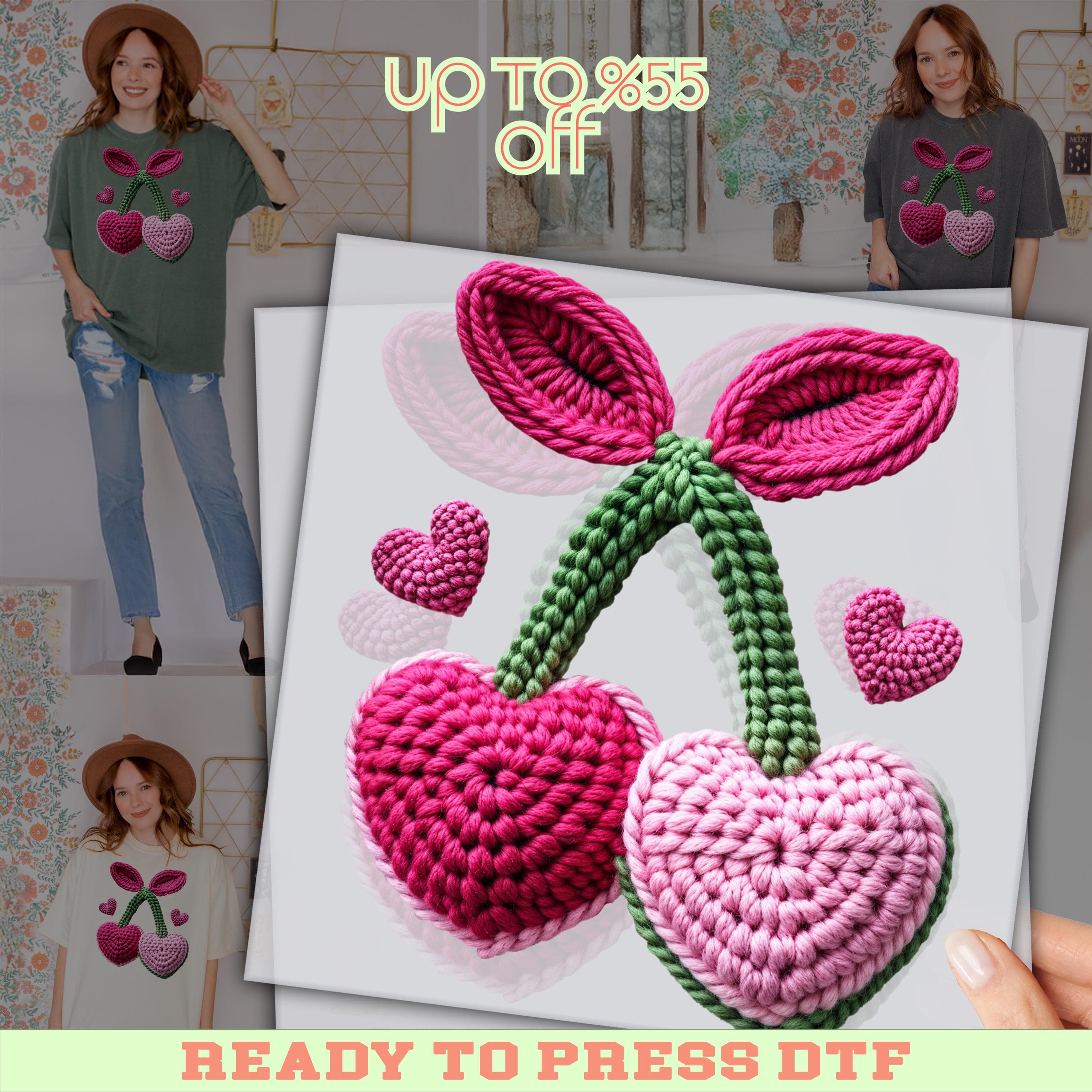 Heart Cherry Faux Yarn DTF Print: Valentines Day Heat Press