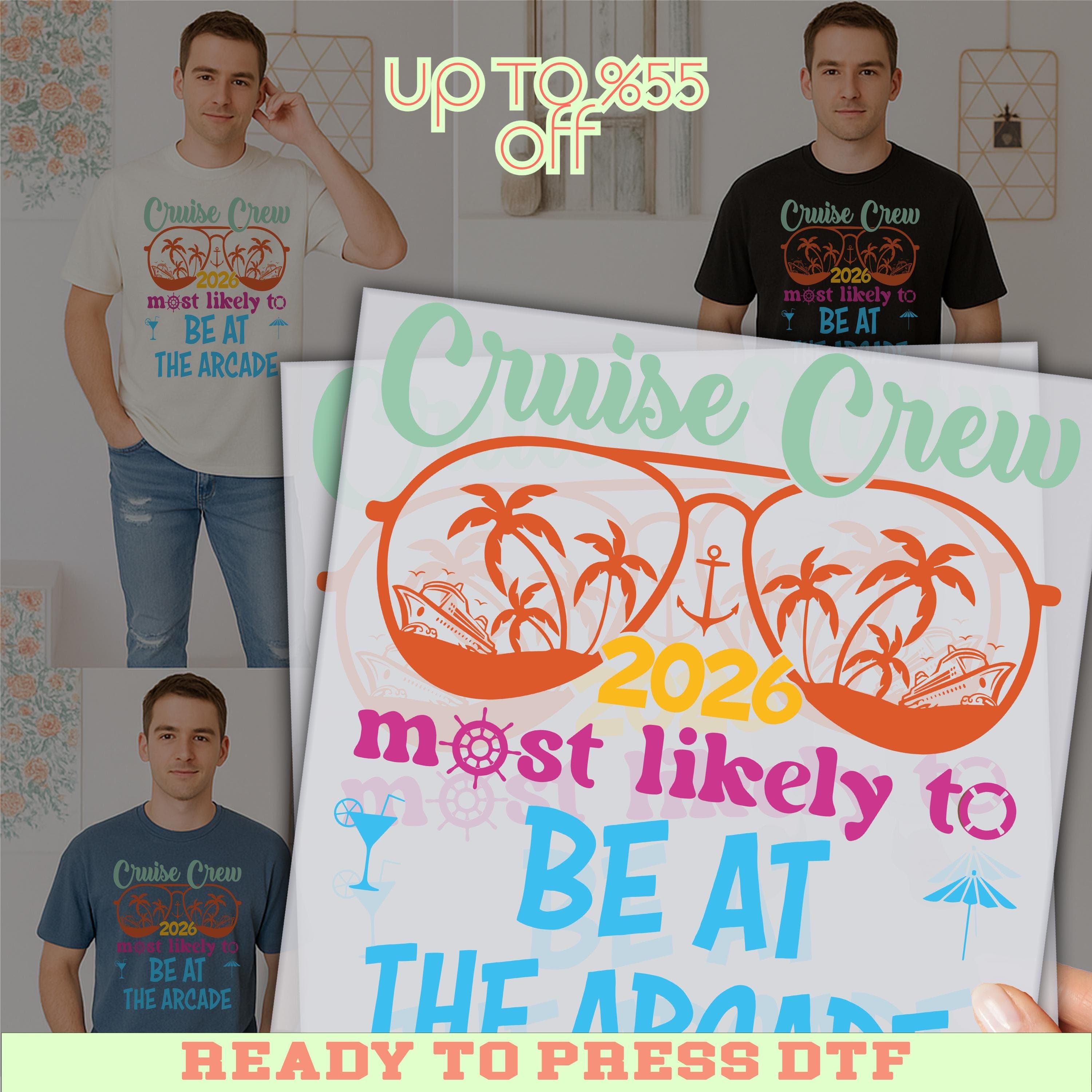 The image is a promotional collage featuring a man in a cruise crew t-shirt, along with a sign that says "Cruise Crew" and "Be at the arcade". The sign also includes a price tag of "UP TO 8.55% OFF".