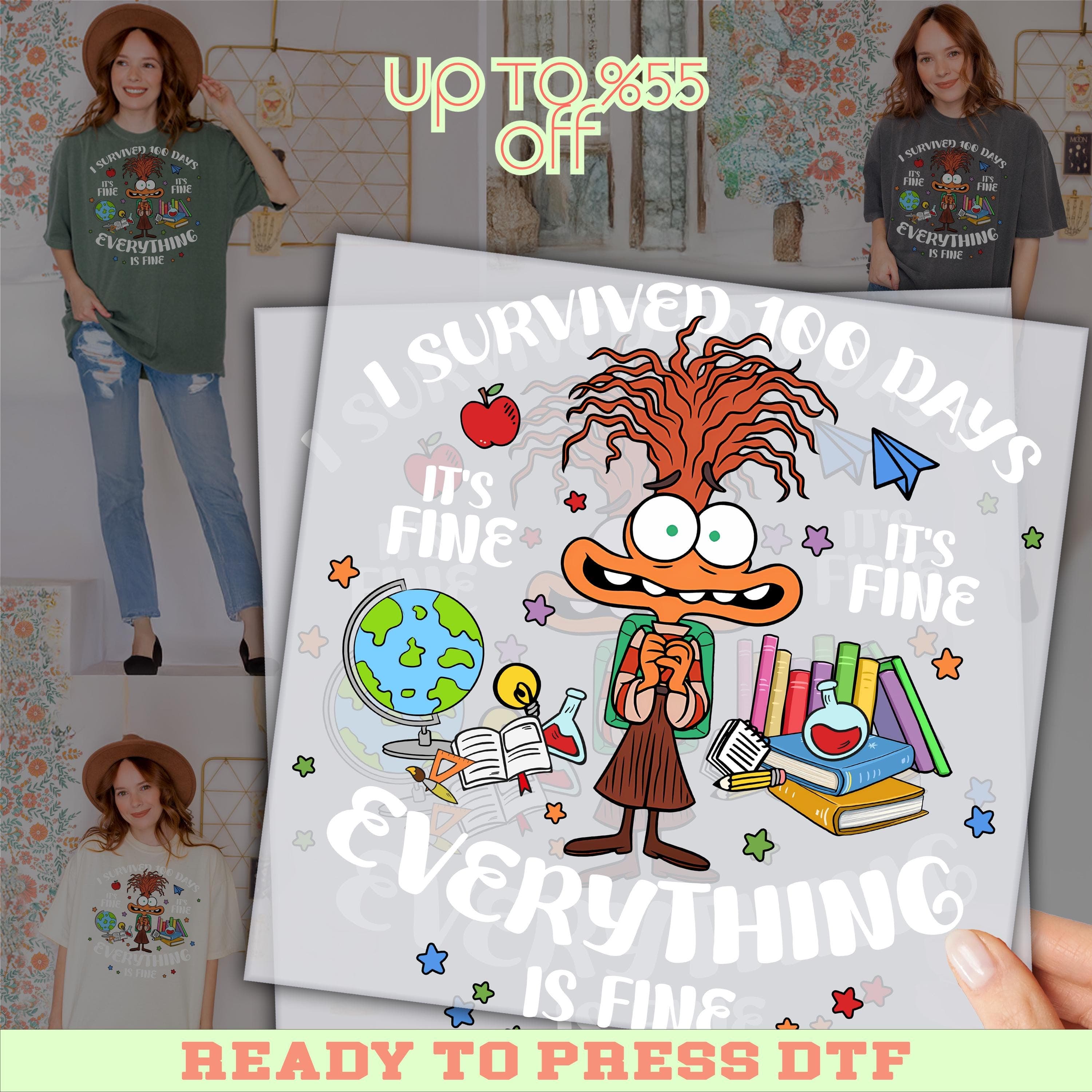 Funny 100 Days of School Heart DTF Transfer: I Survived 100 Days Heat Press