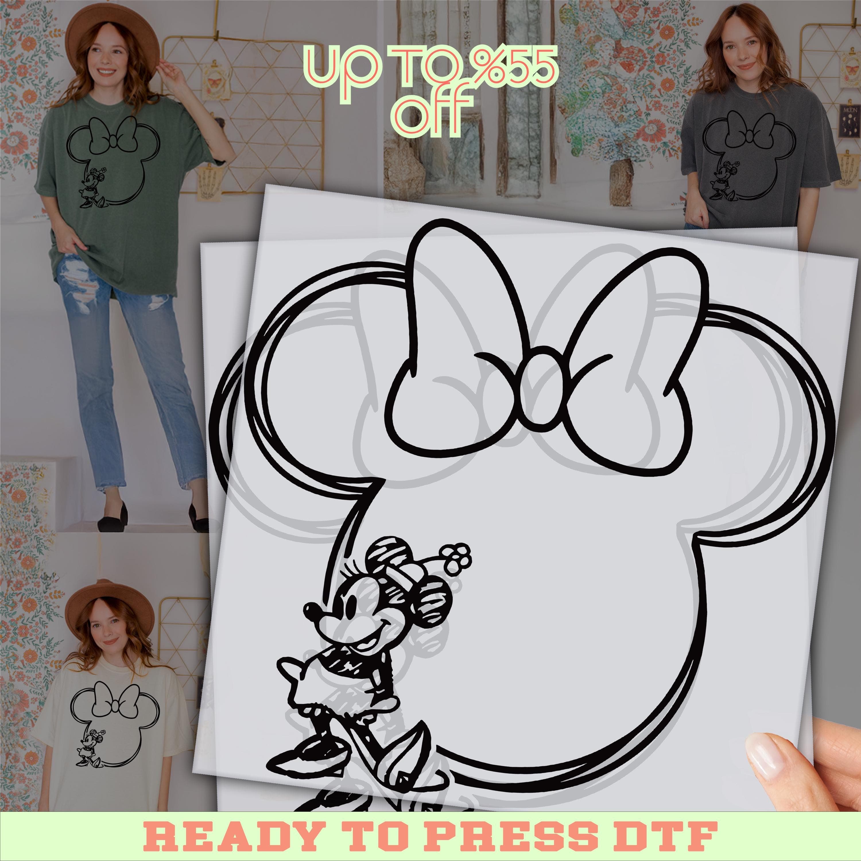 Disney Minnie Mouse Outline DTF Transfer: Minimalist Sketch Silhouette Shirt Design