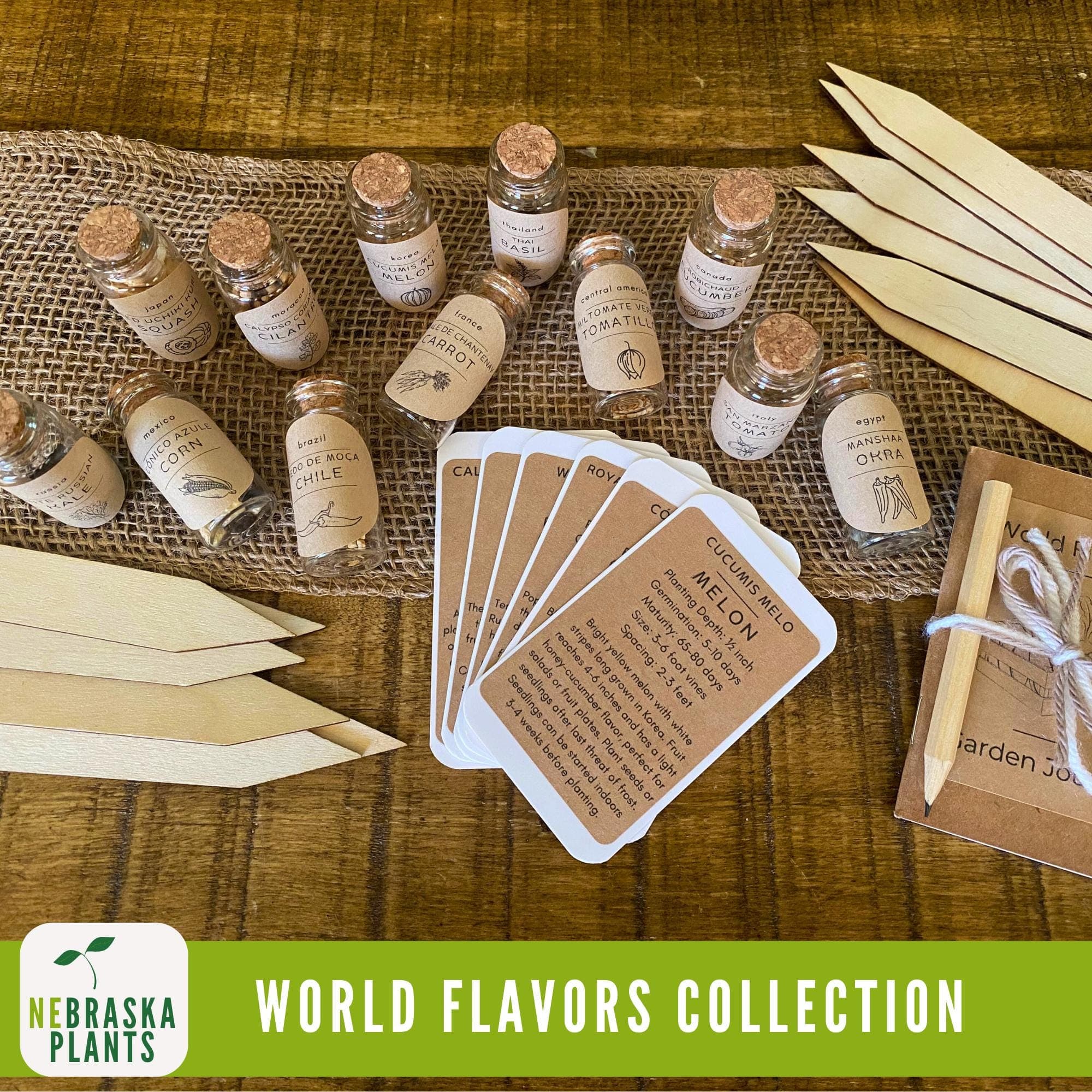 Assorted international herb, vegetable, and flower seeds in eco-friendly packaging