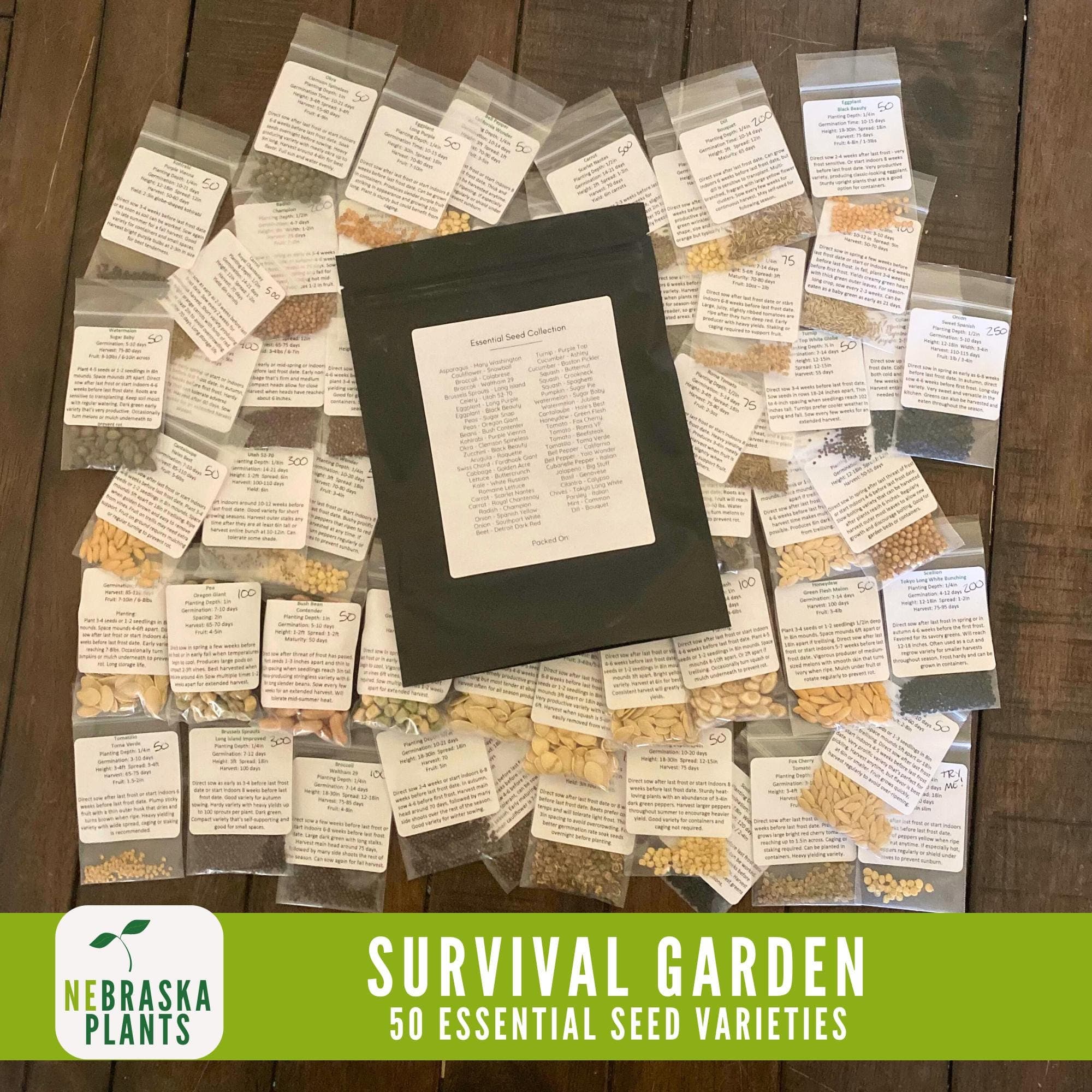 Complete seed vault collection of 50 heirloom garden seeds for long-term storage and planting