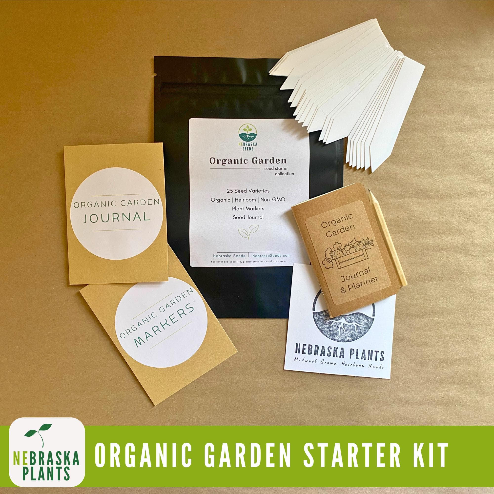 Organic garden seed kit with planting and growing tools and instructions.
