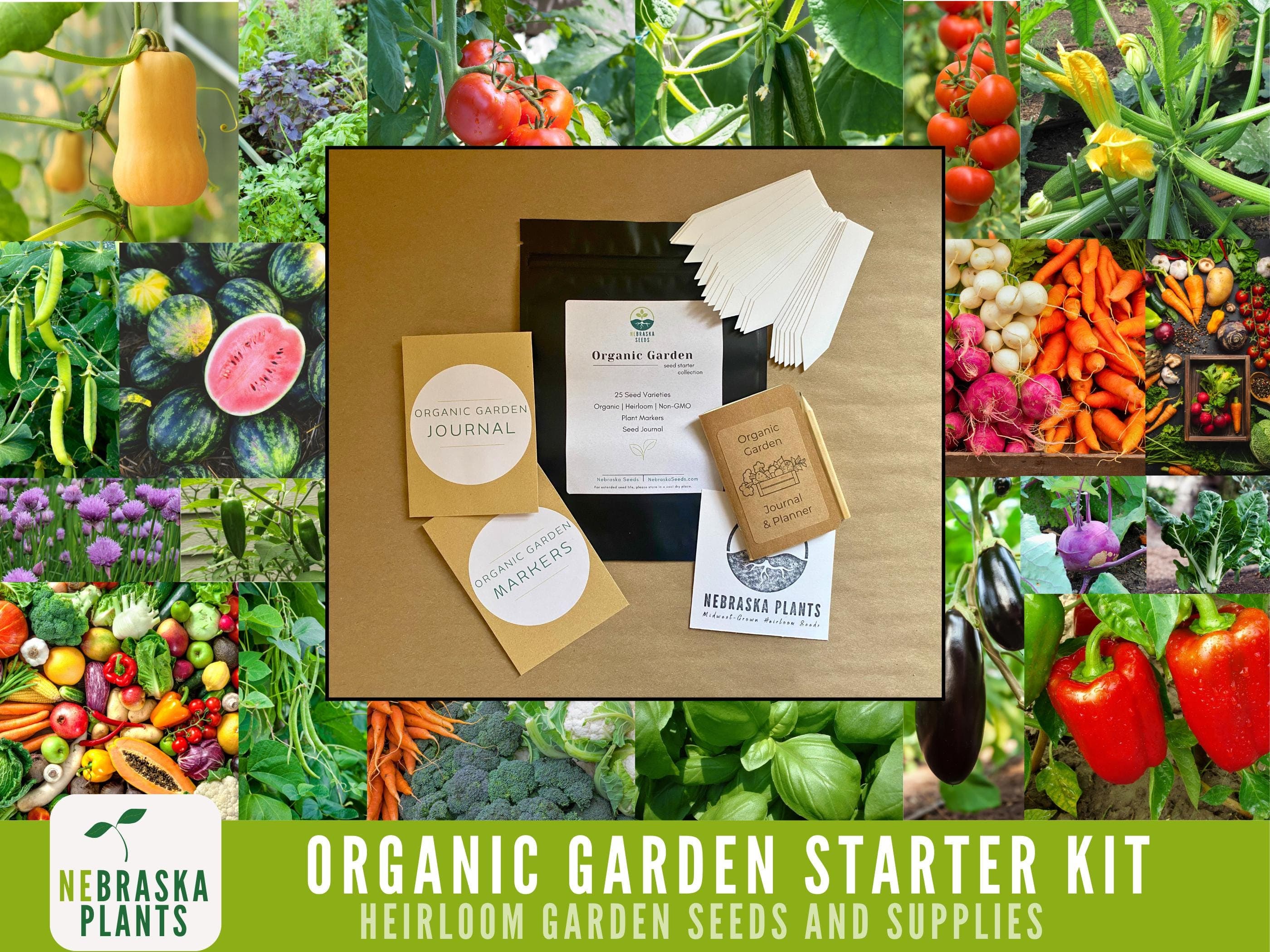 Organic Garden Starter Kit - 25 Organic Heirloom Seed Varieties + Plant Markers and Gardening Journal