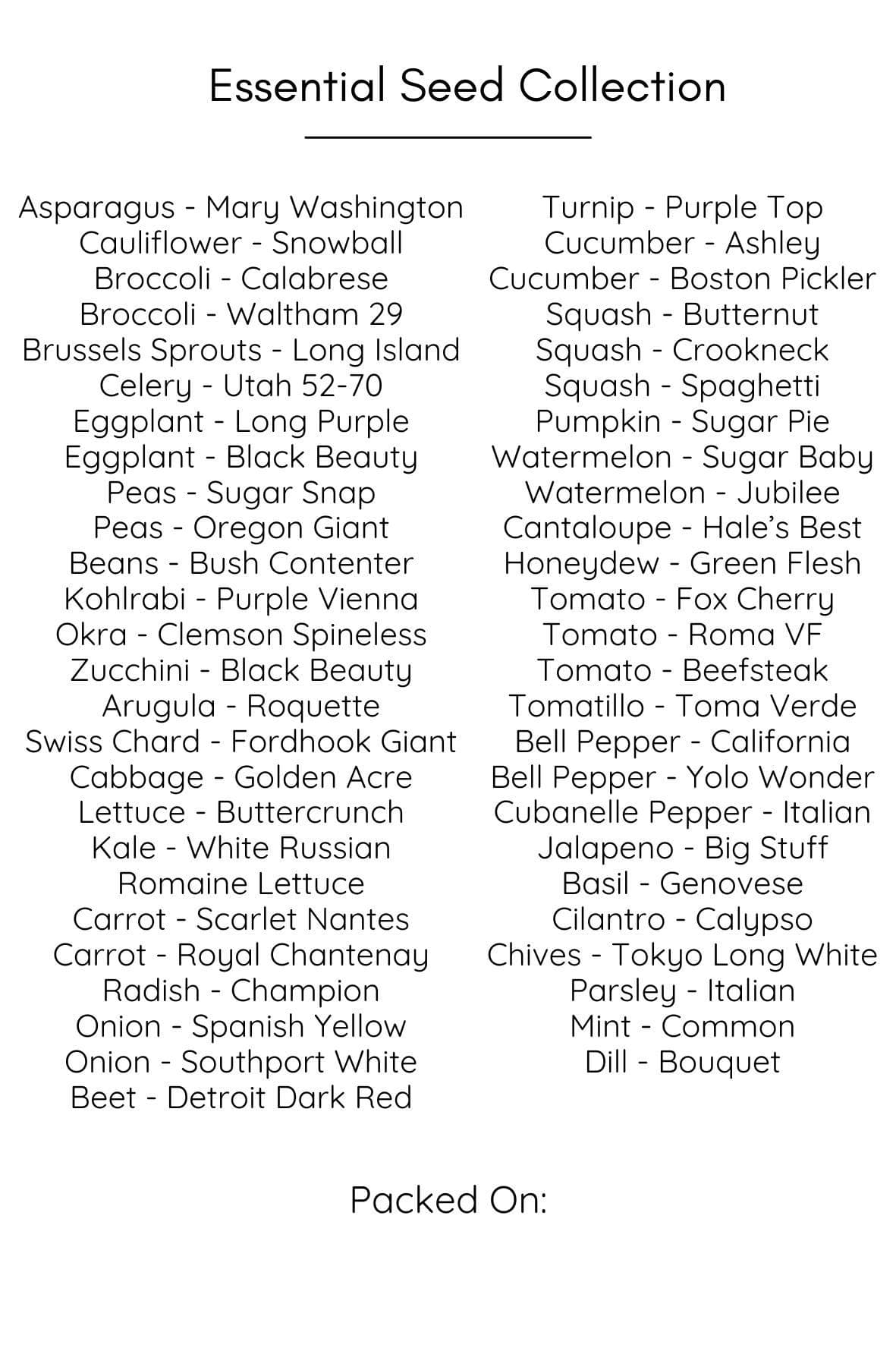 Garden seed vault with 50 diverse, non-GMO seed varieties for a complete home garden