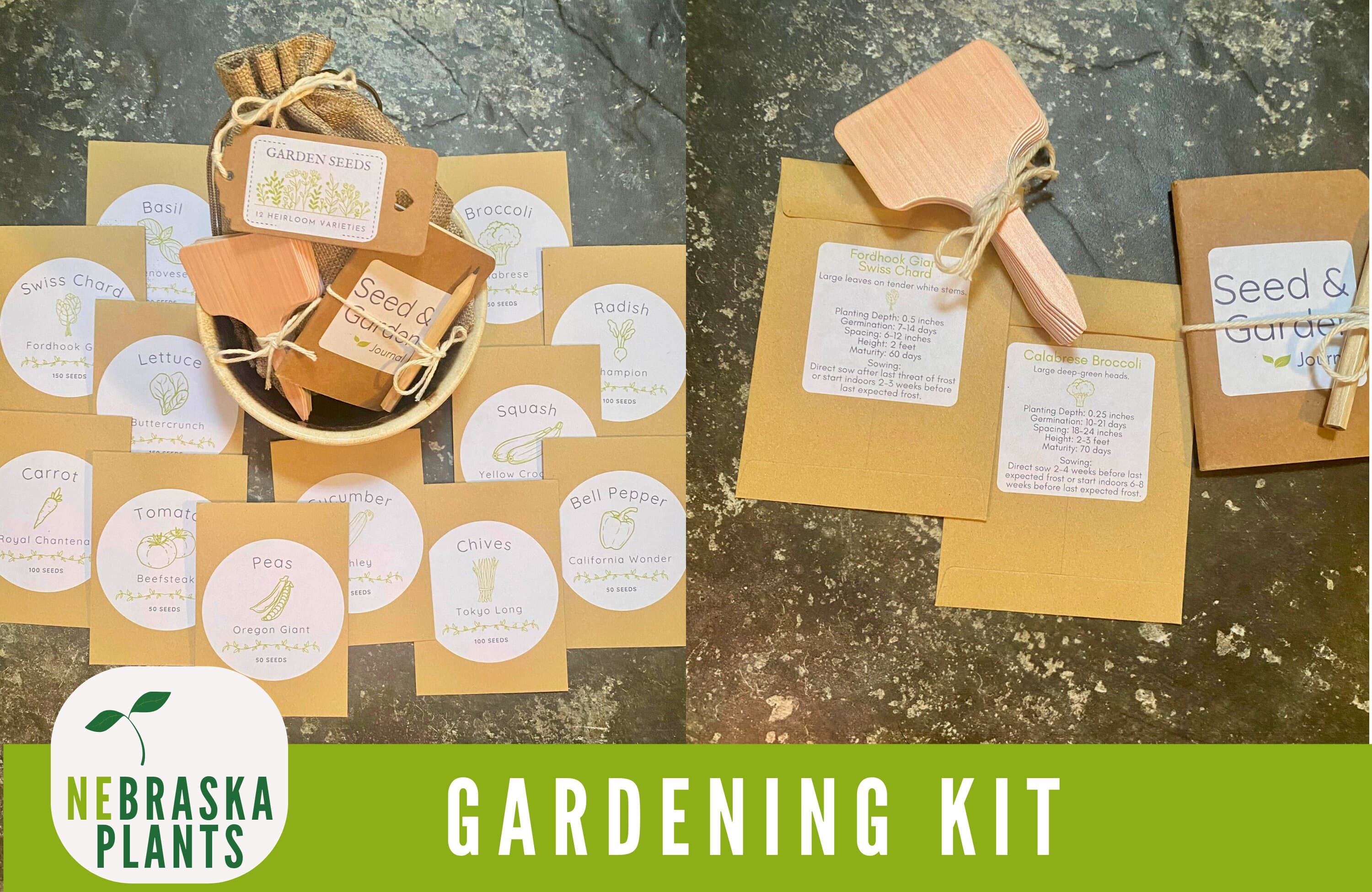 Complete garden seed kit with a selection of non-GMO seeds for vegetables, flowers, and herbs"