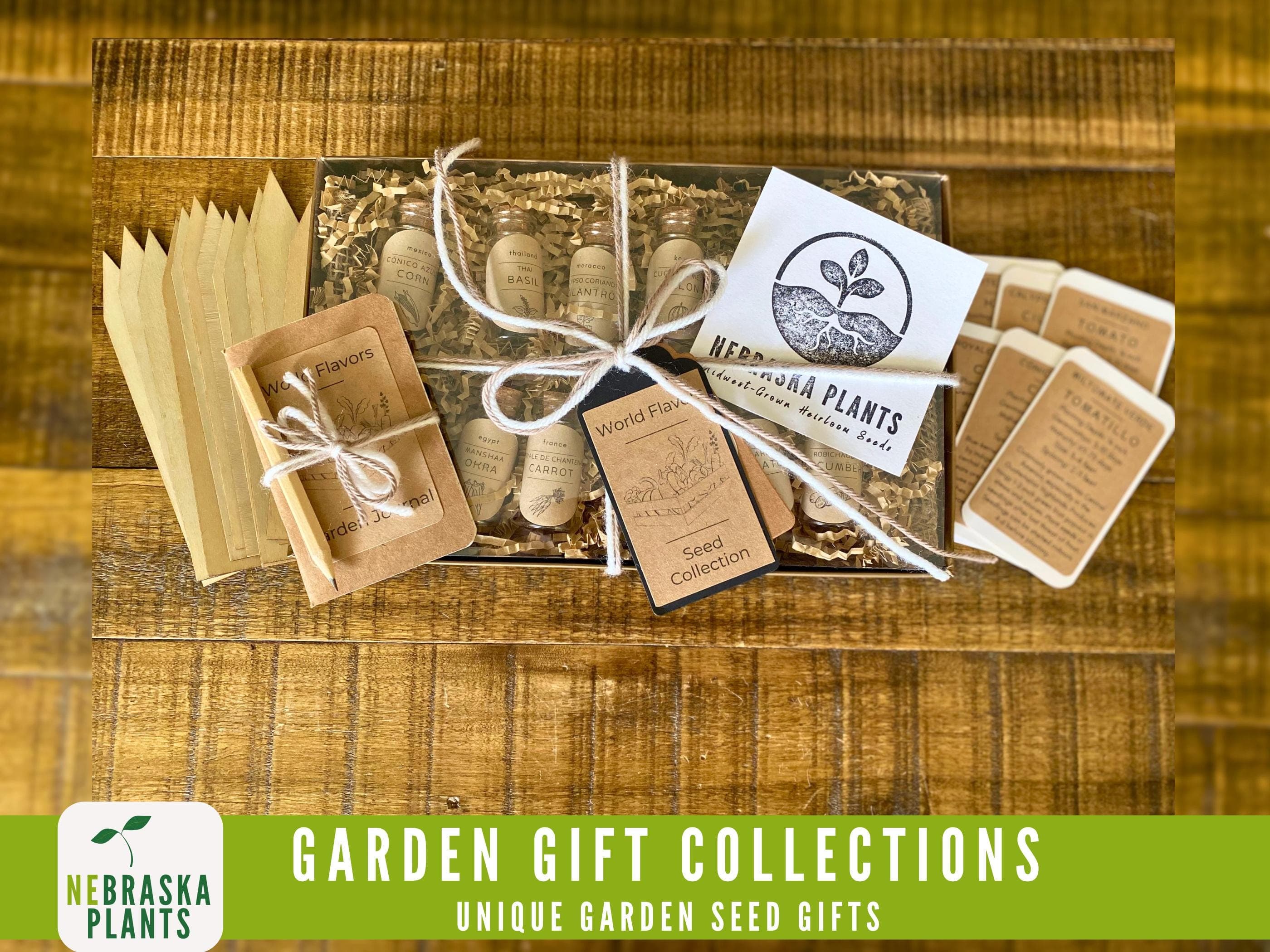 Garden Seed Collections with rare and unique seeds, planting markers, growing instructions, growing journal and pencil, and beautiful packaging.