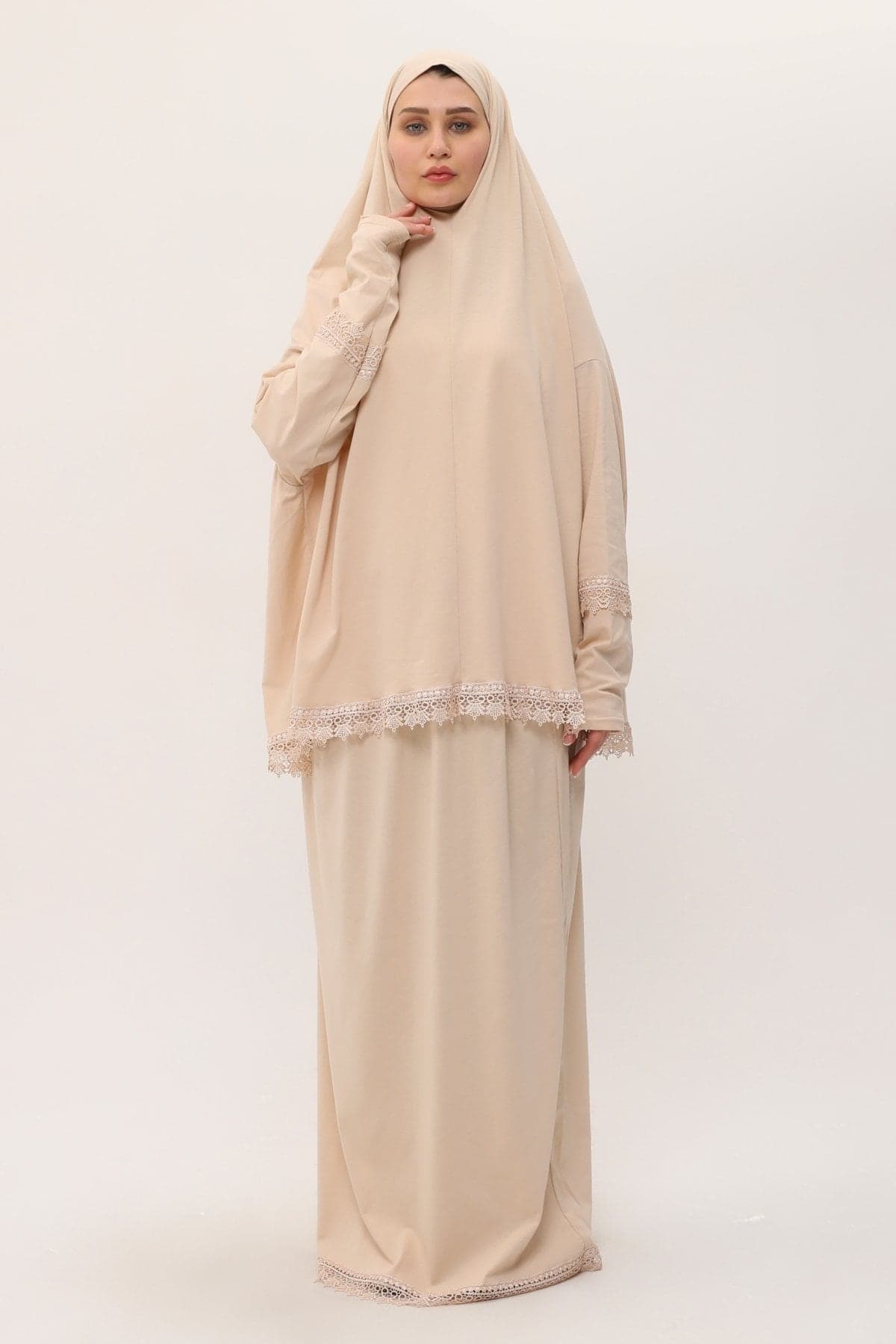 Modest Elegance: Two Piece Cotton Fabric Lace Prayer Dress for Women, Floor Length Modesty, Gift for Muslim Women, Prayer Dress Set