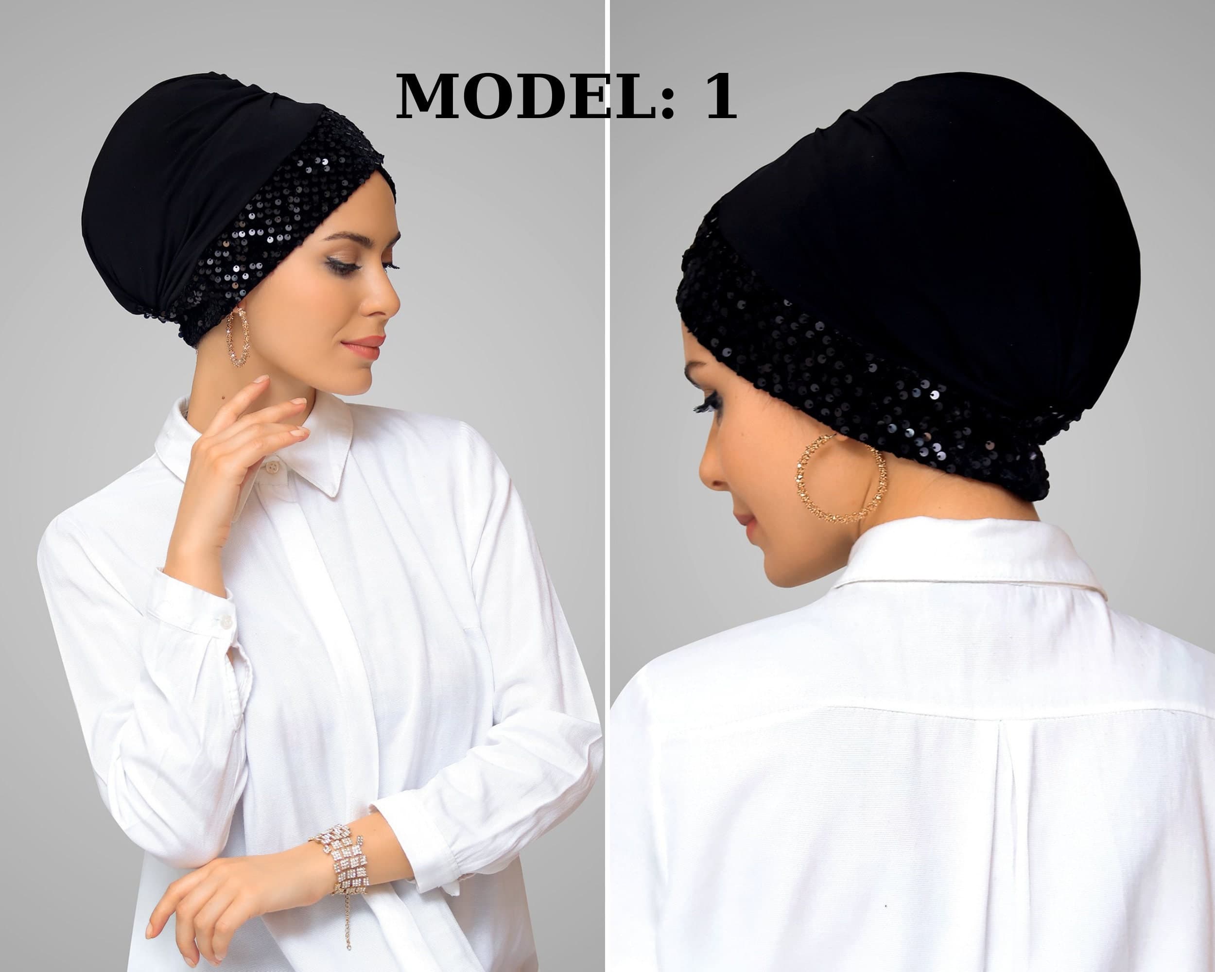 Practical Sandy Fabric Pull-On Hijab Cap, Cross Design with Sequins, Ready to Wear,Cross Design Sandy Fabric Hijab Cap, Ready to Wear - image 3