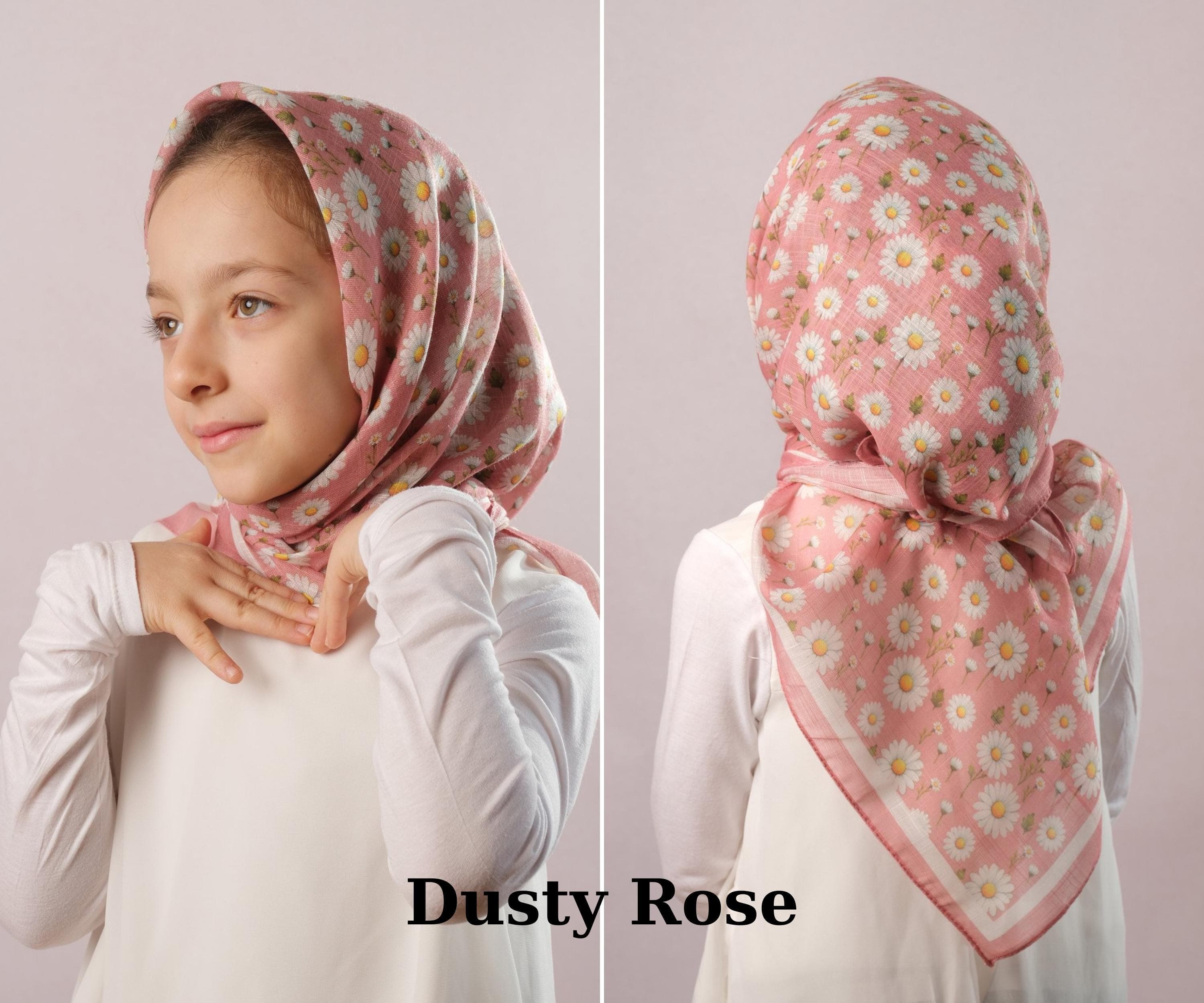Girl’s Floral Digital Hijab | Papatya Print Head Cover | Lightweight and Colorful Beach Scarf, Cotton Summer Headscarf for Kids - image 3