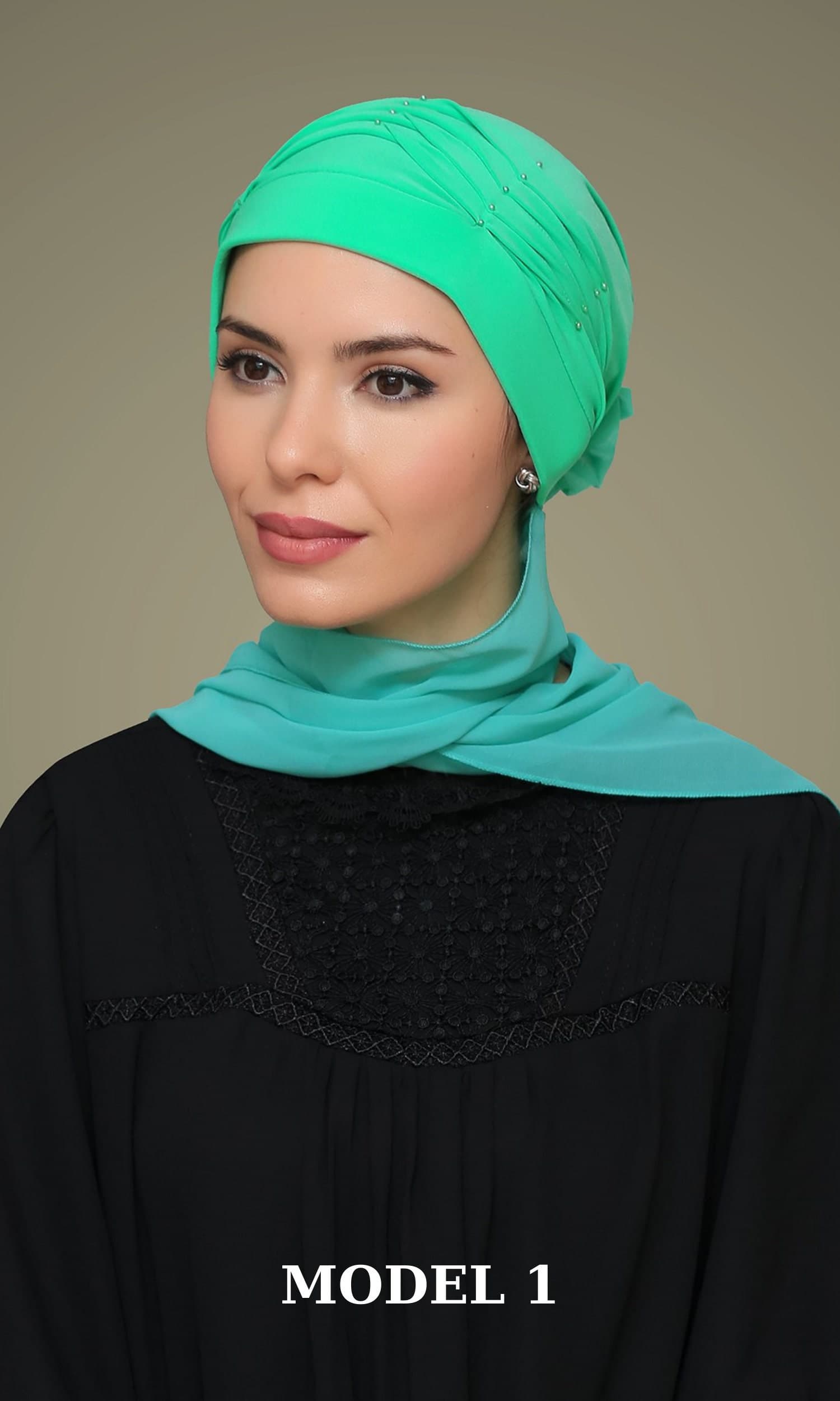 Pearl-Embellished Sandy Hijab | Fashionable Turban with Flower and Scarf, Ready to Wear, Stylish Pearl Hijab Cap, Gift For Her, Gift For Mom - image 3