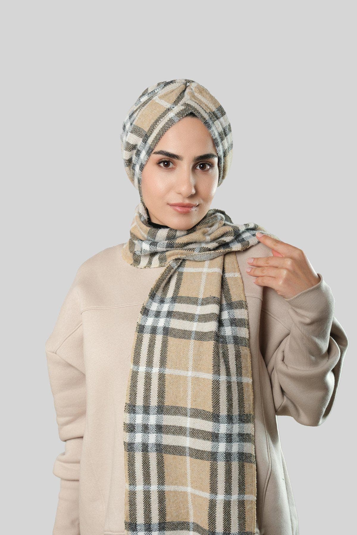 Winter Hijab Scarf with Attached Wrap | Jakar Plaid Headscarf in Grey, Beige & Taupe | Gift for Women