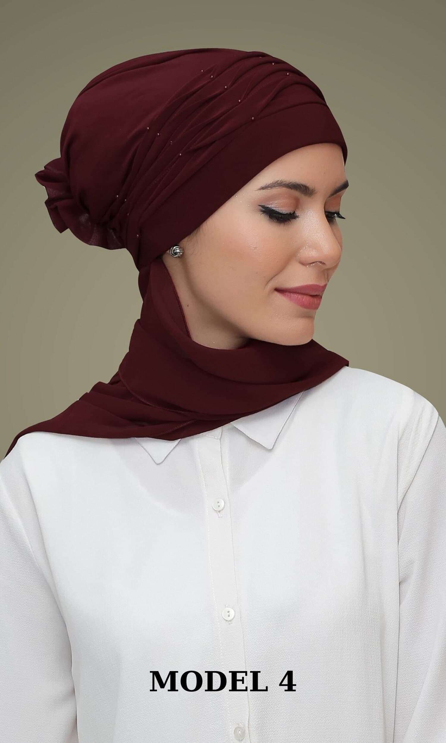 Pearl-Embellished Sandy Hijab | Fashionable Turban with Flower and Scarf, Ready to Wear, Stylish Pearl Hijab Cap, Gift For Her, Gift For Mom - image 5