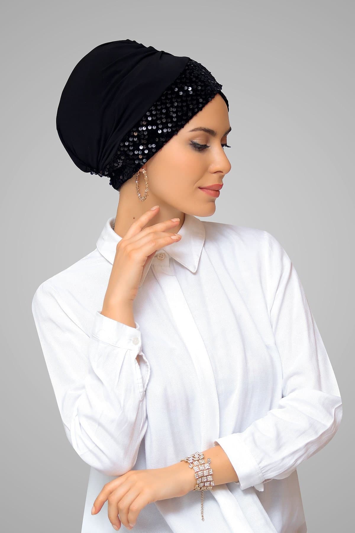 Practical Sandy Fabric Pull-On Hijab Cap, Cross Design with Sequins, Ready to Wear,Cross Design Sandy Fabric Hijab Cap, Ready to Wear - image 5