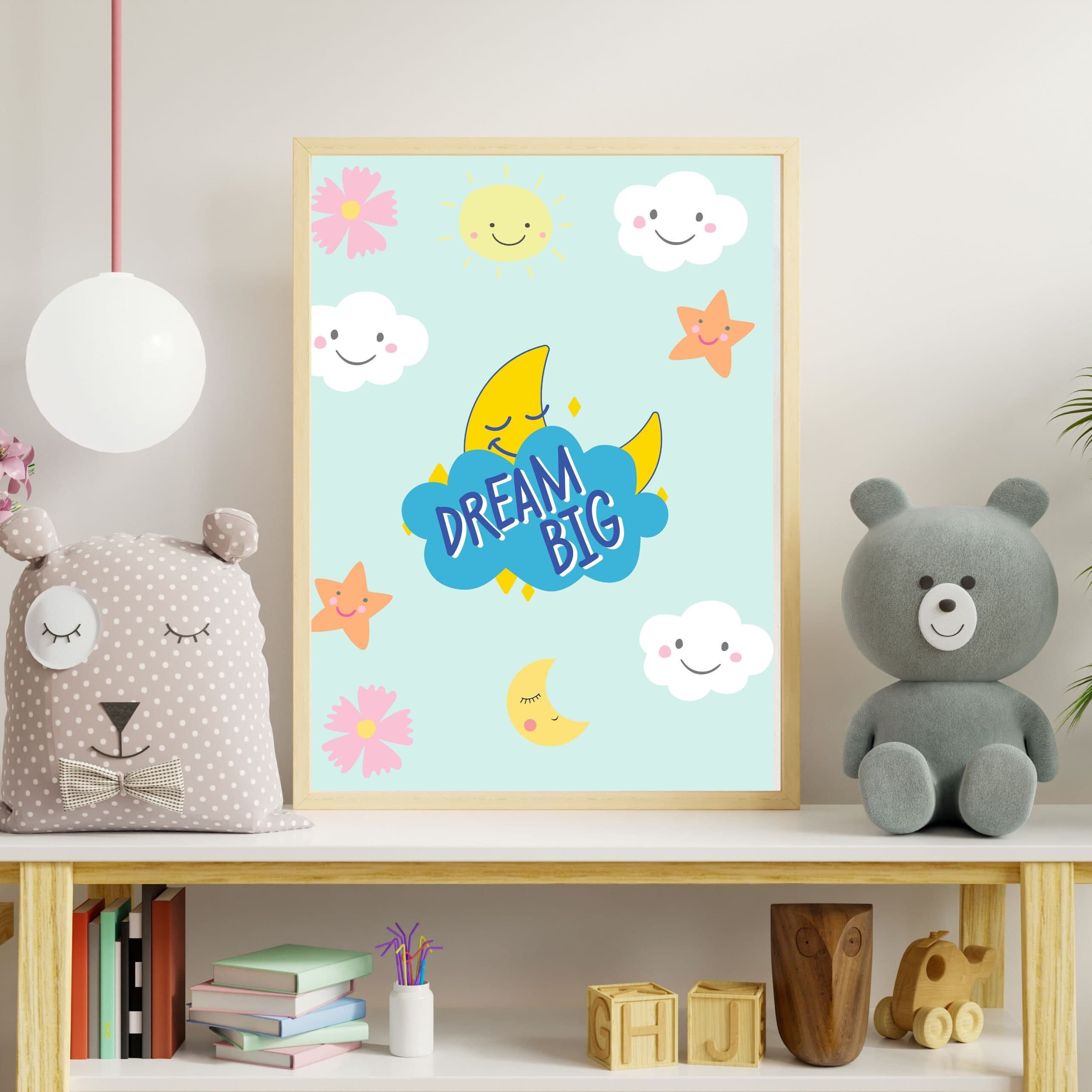 Dream Big Kids Room Art Print, Moon, Stars, Clouds (Digital Download)