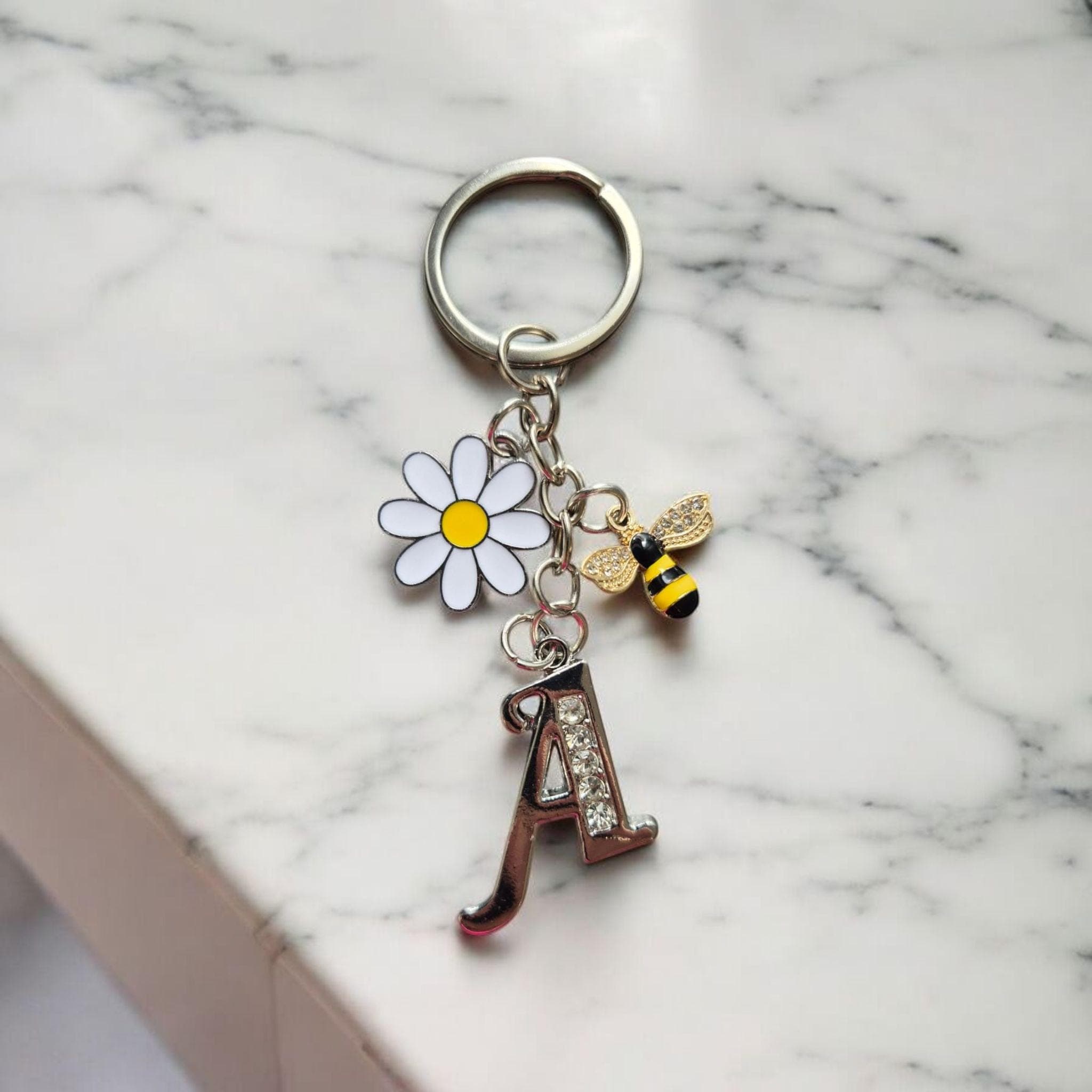 Personalized Initial Keychain: Silver Monogram with Daisy & Bee Charms - image 5