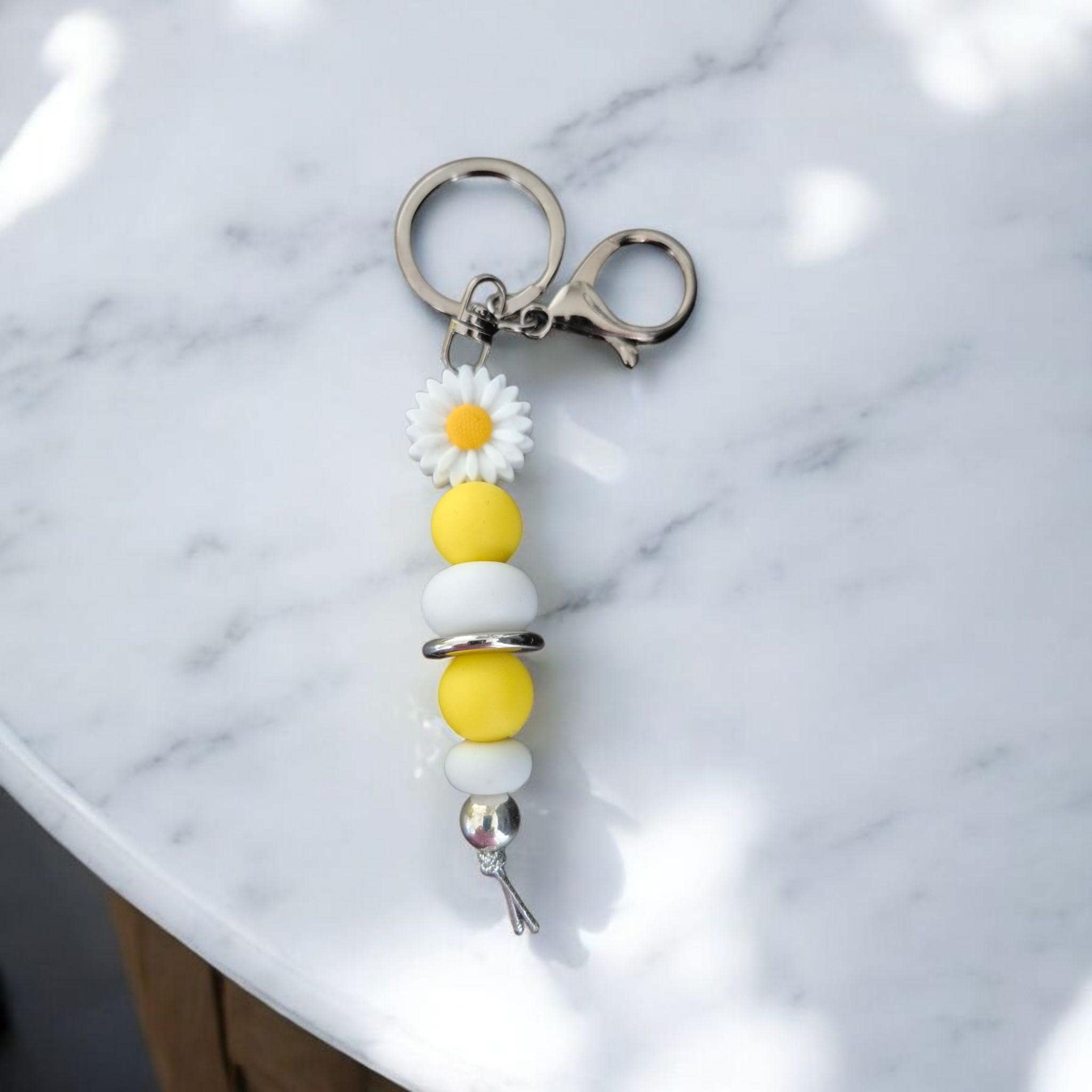 Handmade Daisy Keychain: Yellow & White Polymer Beads, Floral Bag Charm - image 5