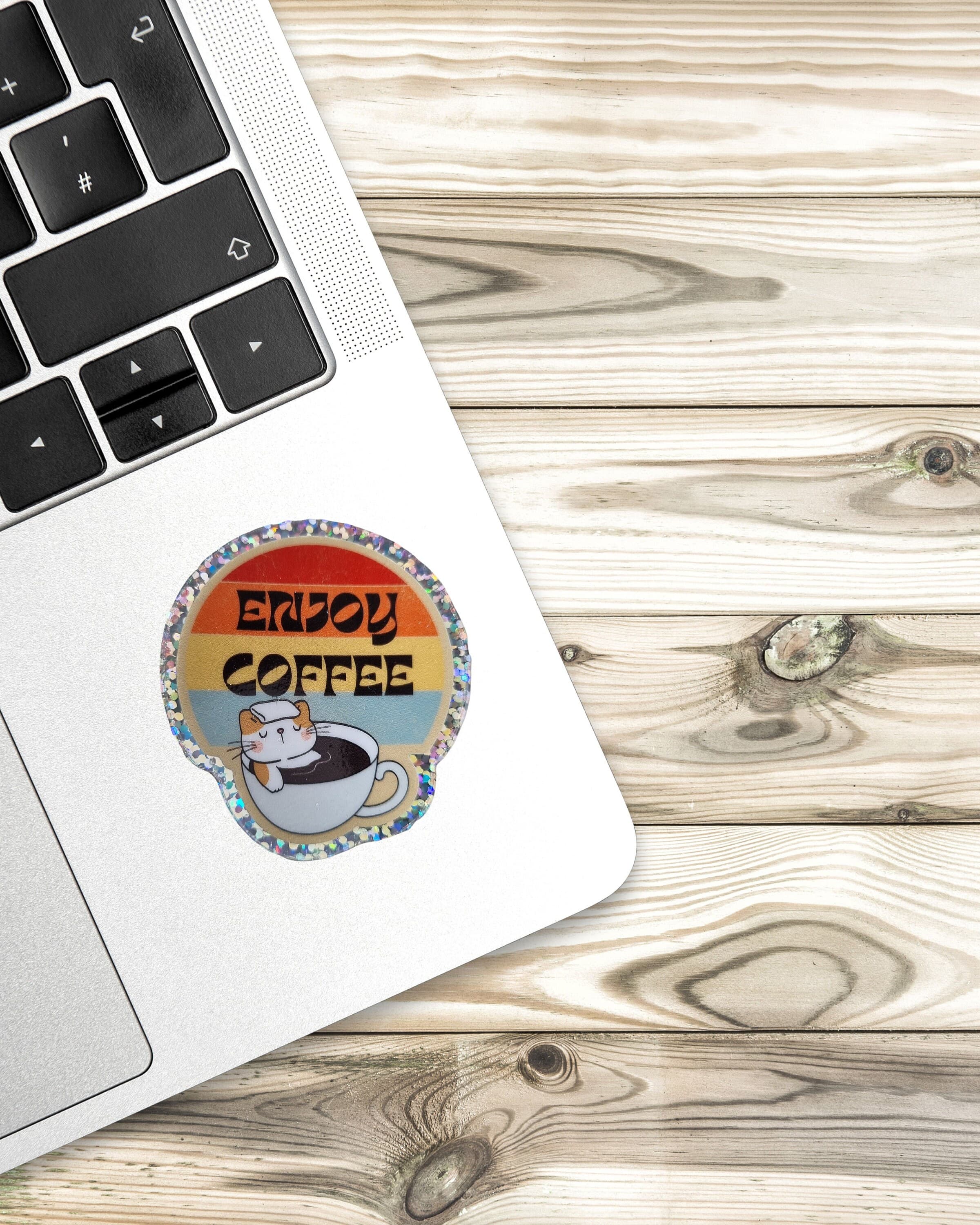 Glitter Coffee Cat Sticker: Waterproof Vinyl Decal - image 3