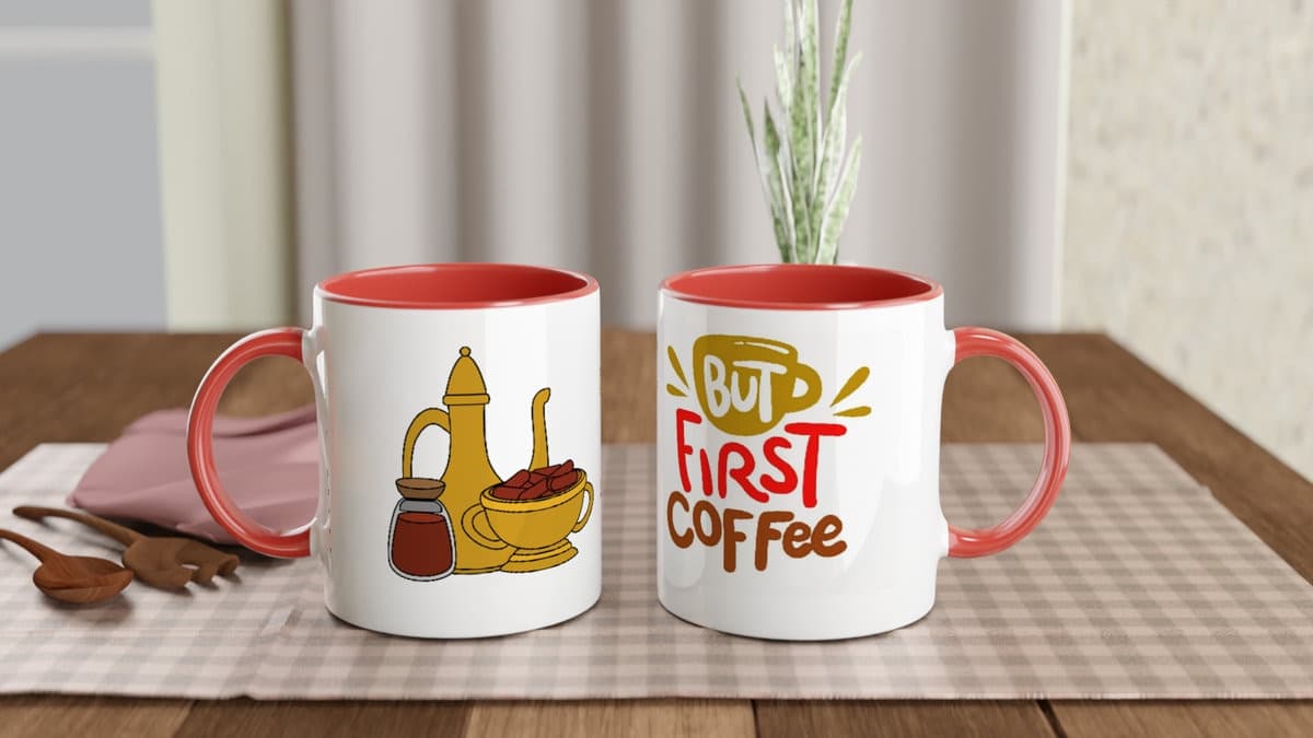 Arabic Coffee Mug: "But First Coffee" - Middle Eastern Inspired Red Accent