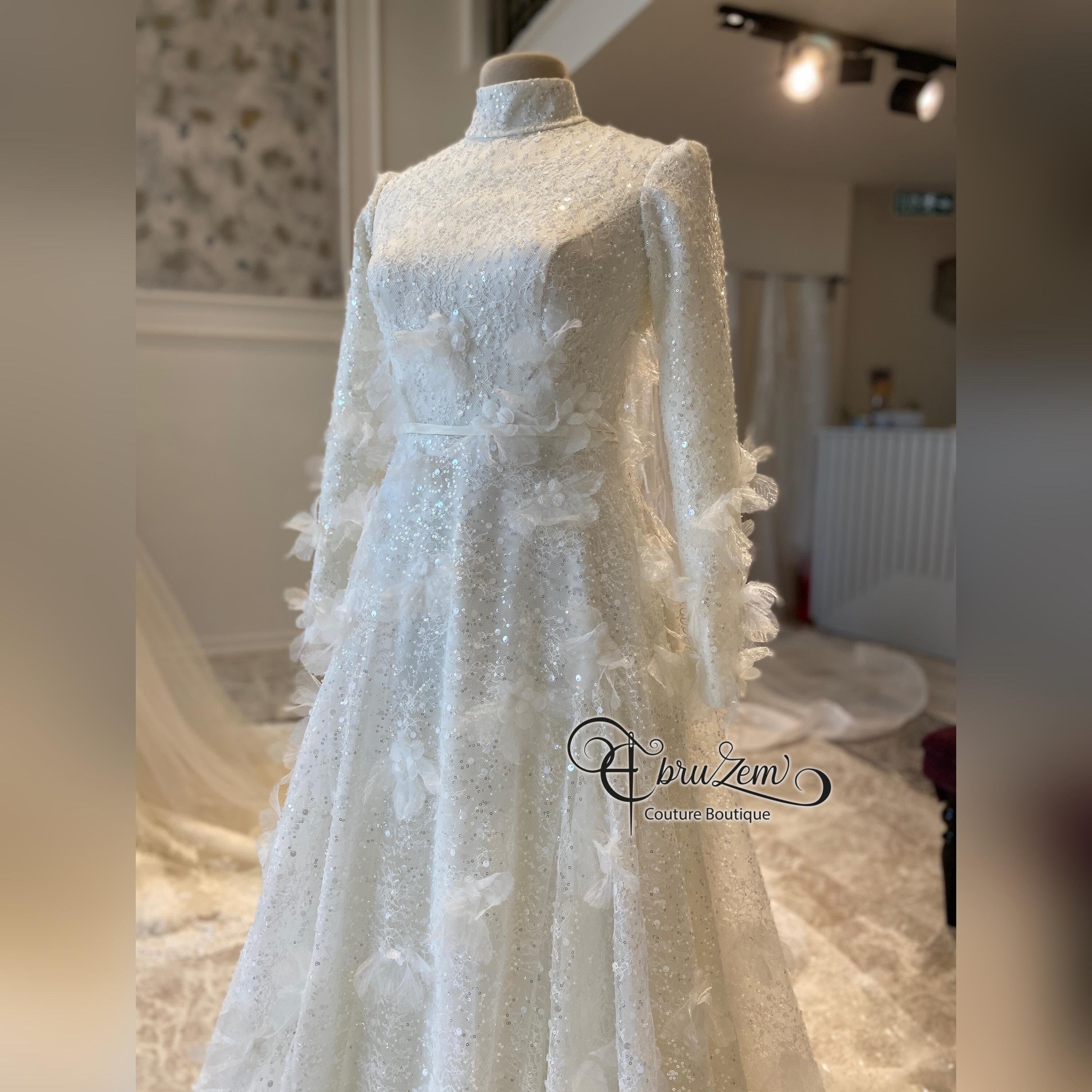 Elegant A-Line Hijab Wedding Dress – Hand-Beaded Lace Modest Gown with Long Sleeves - image 3
