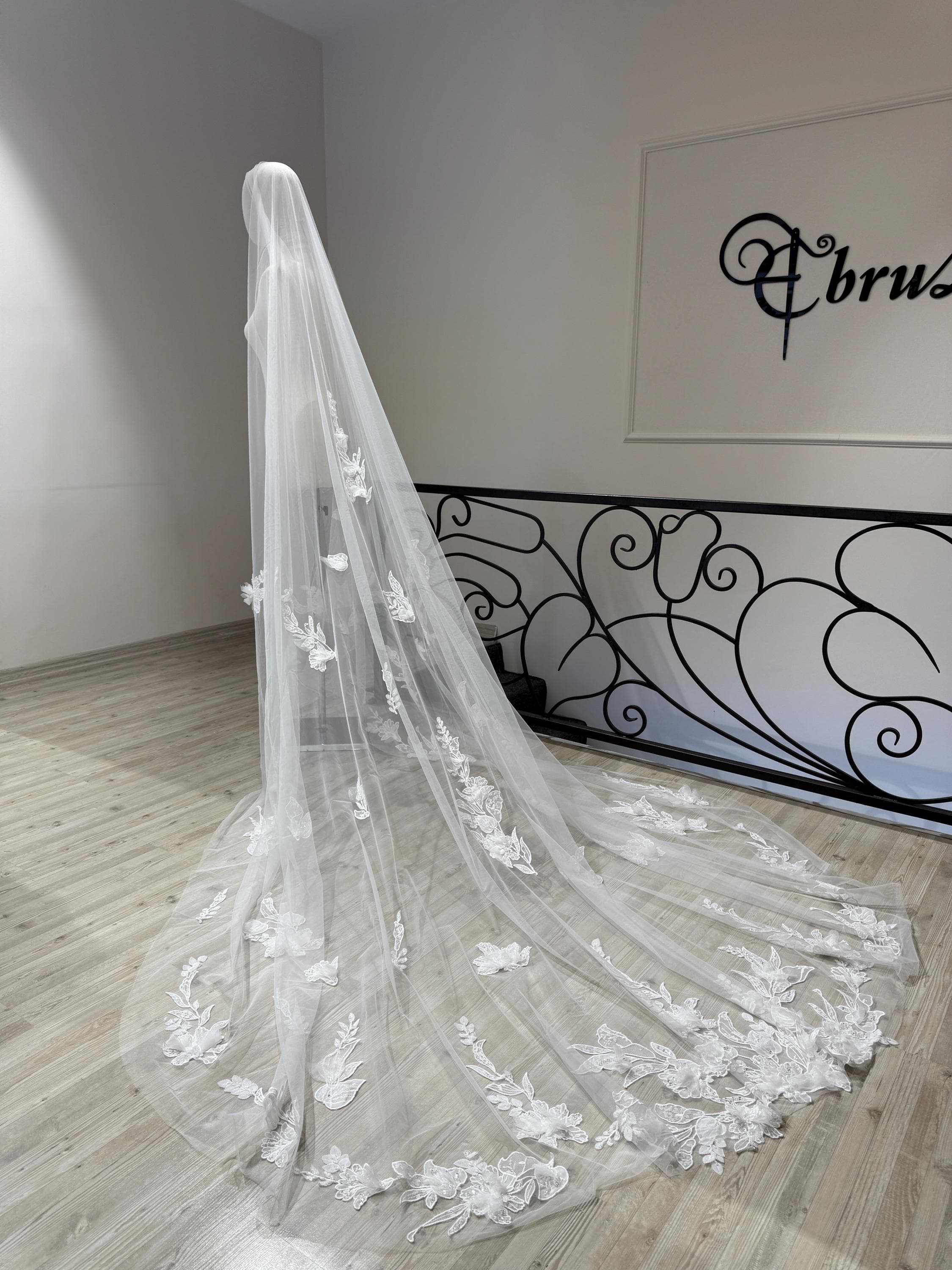 Pearl Floral Hijab Veil – One-Tier Soft Tulle with Lace Appliqué | Handmade Modest Bridal Veil - image 3