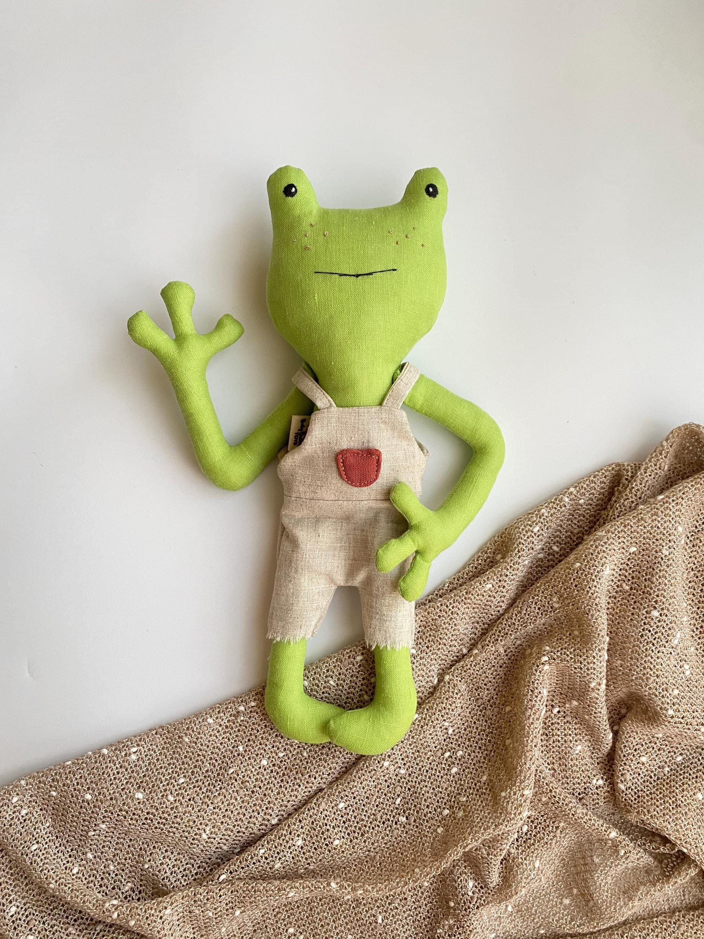 Linen Frog Rag Doll, Handmade Stuffed Animal with Removable Clothes