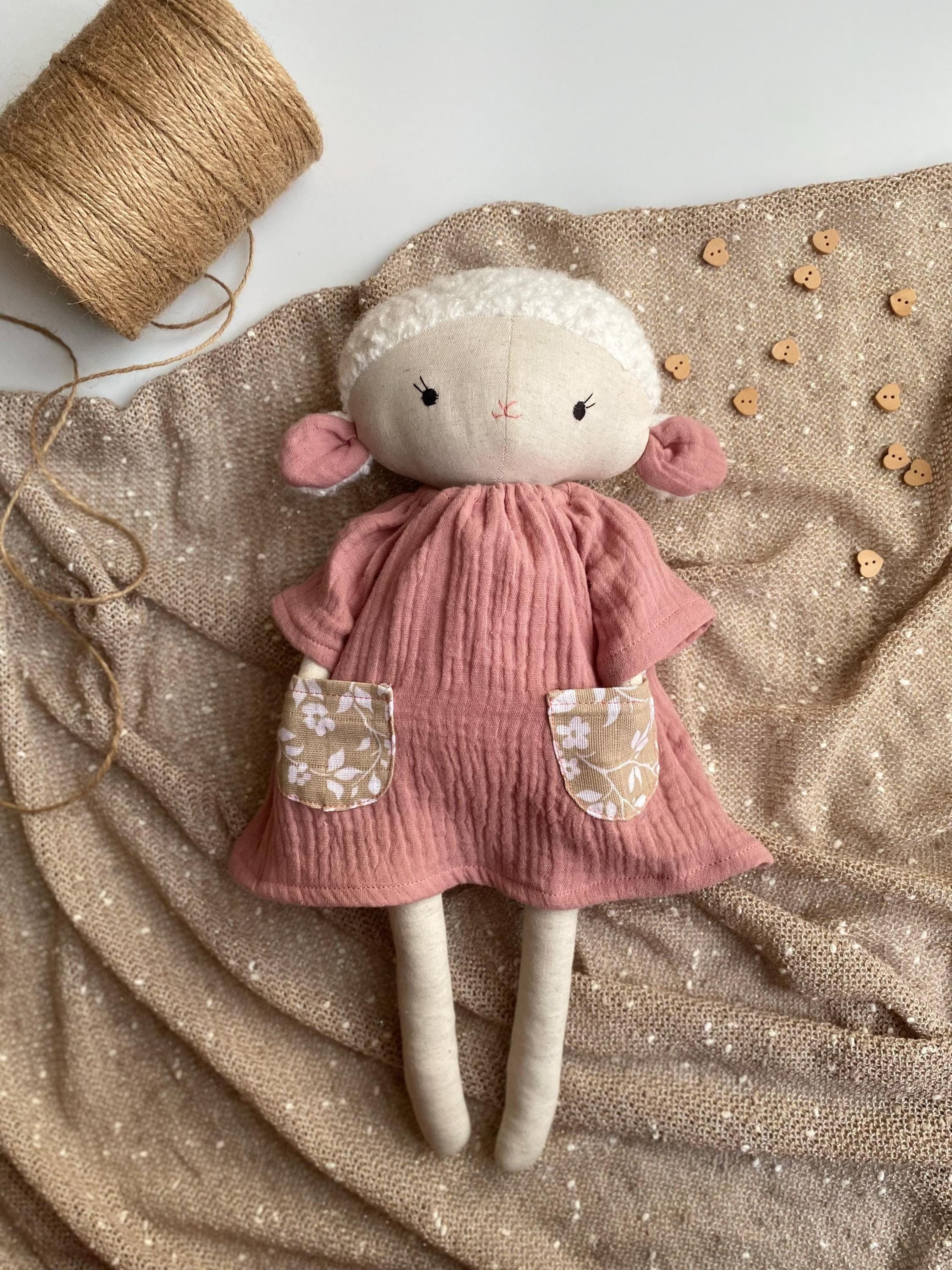 Linen Lamb Rag Doll in Pink Dress, Handmade Heirloom Toy