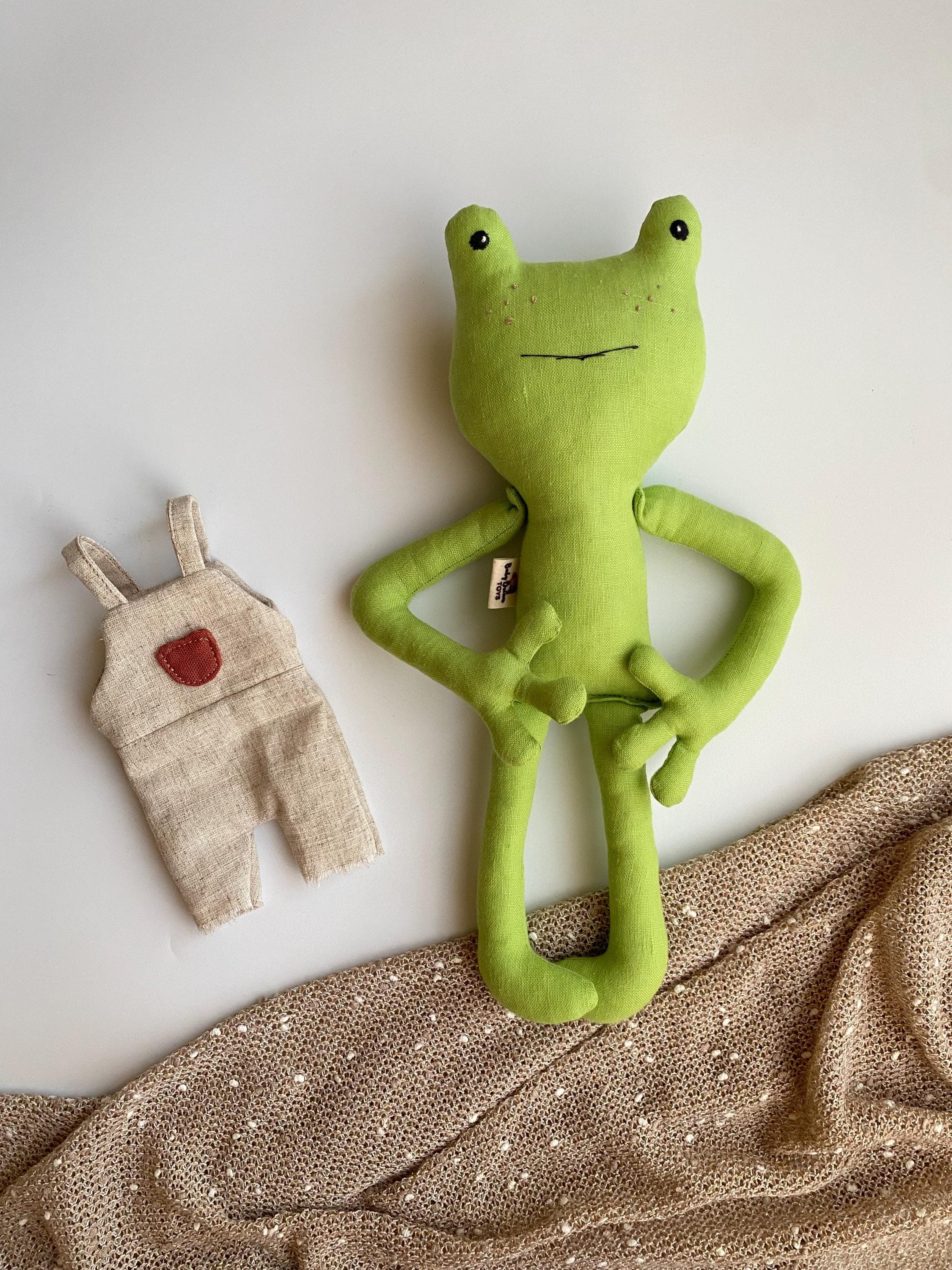 Linen Frog Rag Doll, Handmade Stuffed Animal with Removable Clothes - image 4