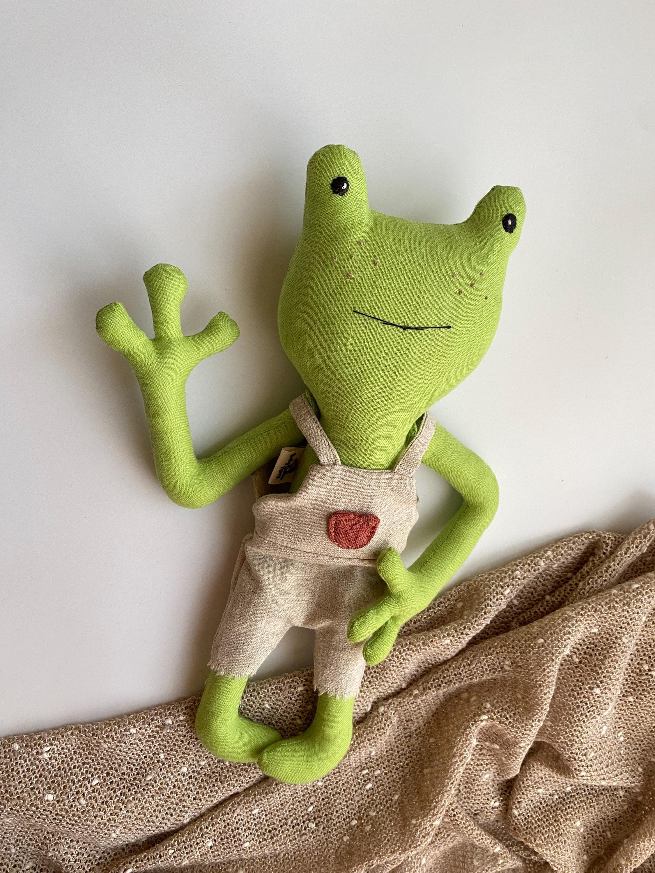 Linen Frog Rag Doll, Handmade Stuffed Animal with Removable Clothes - image 3