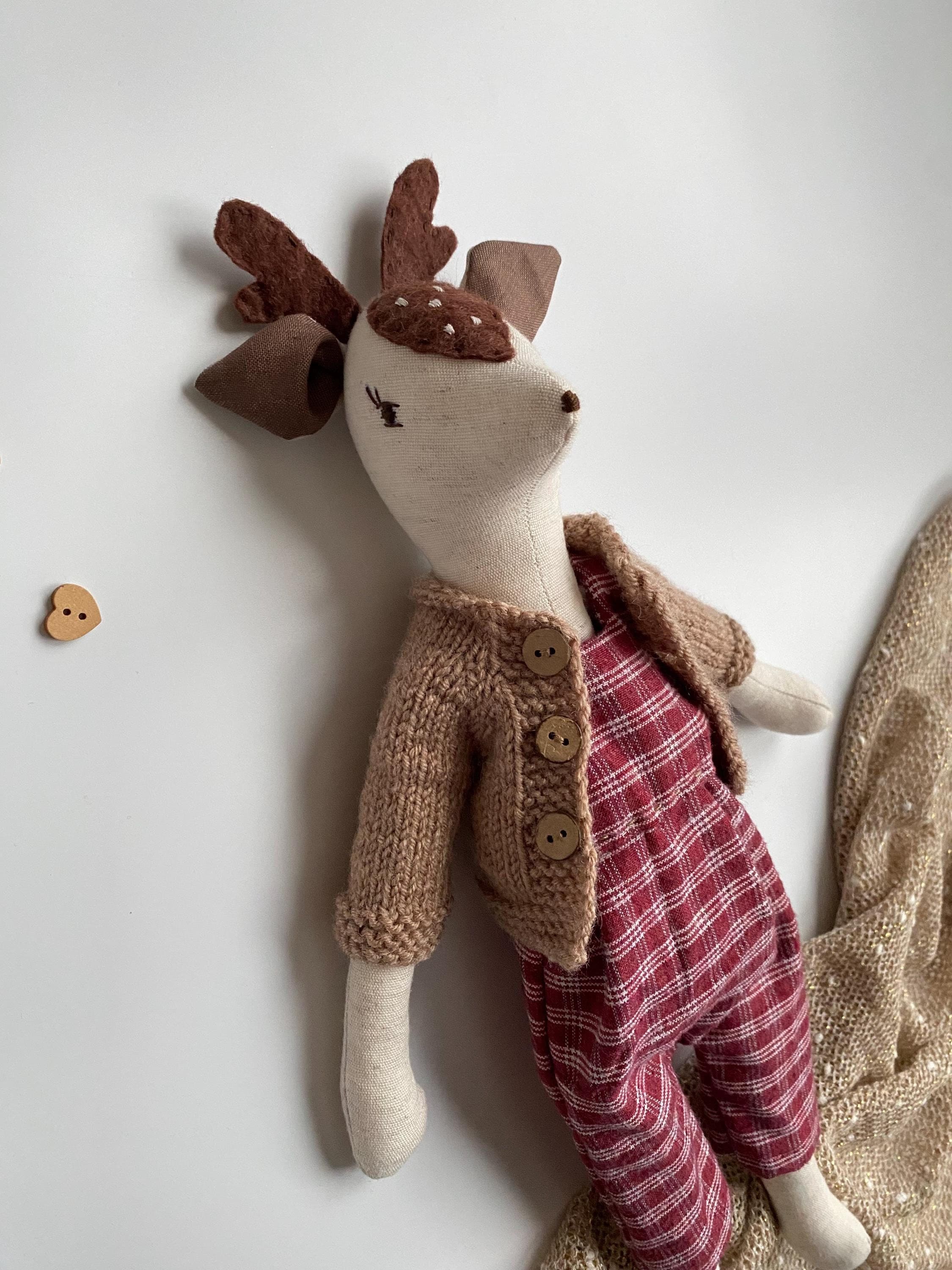 Linen Deer Doll with Knitted Sweater, Woodland Nursery Decor