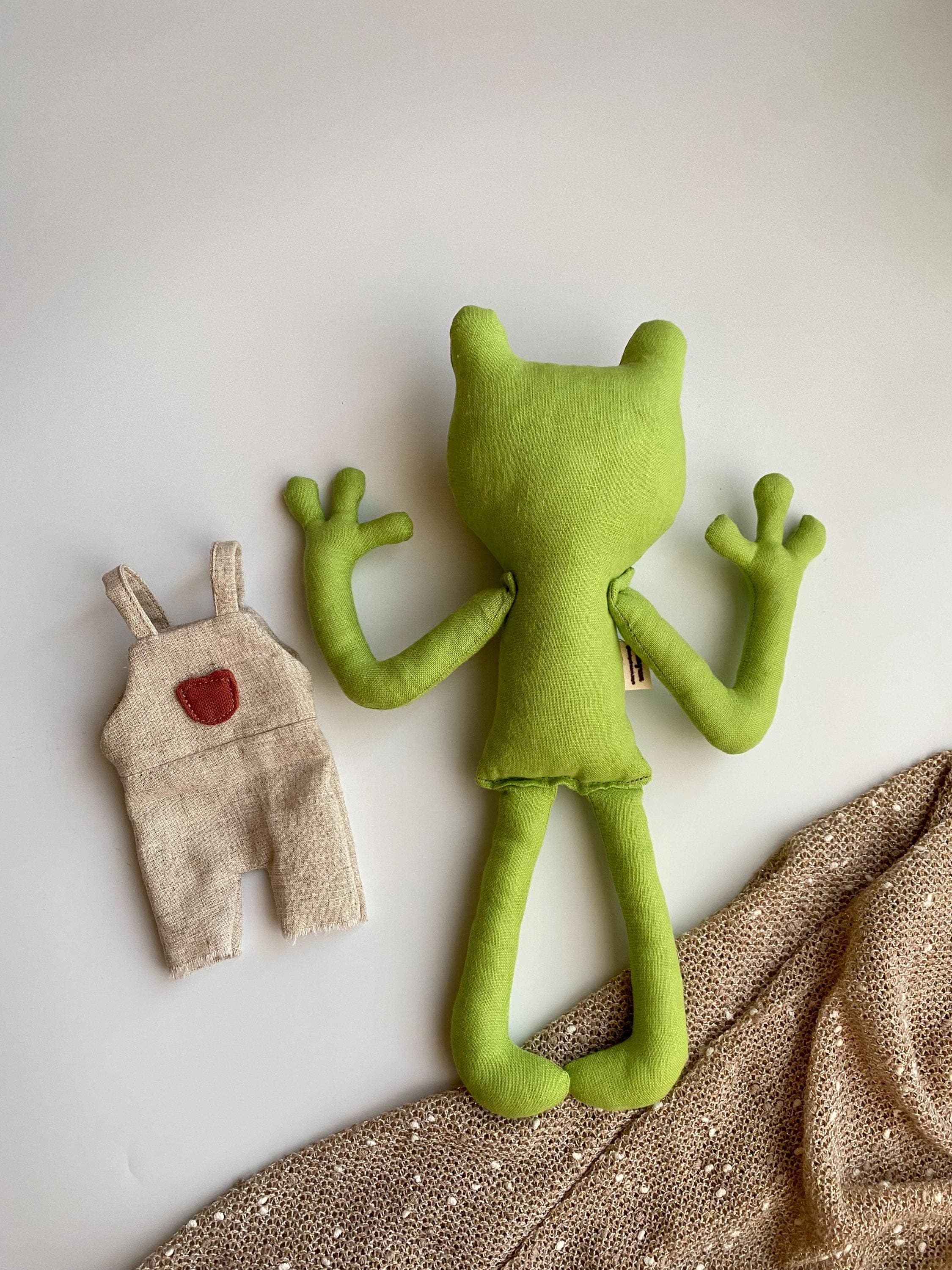Linen Frog Rag Doll, Handmade Stuffed Animal with Removable Clothes - image 5