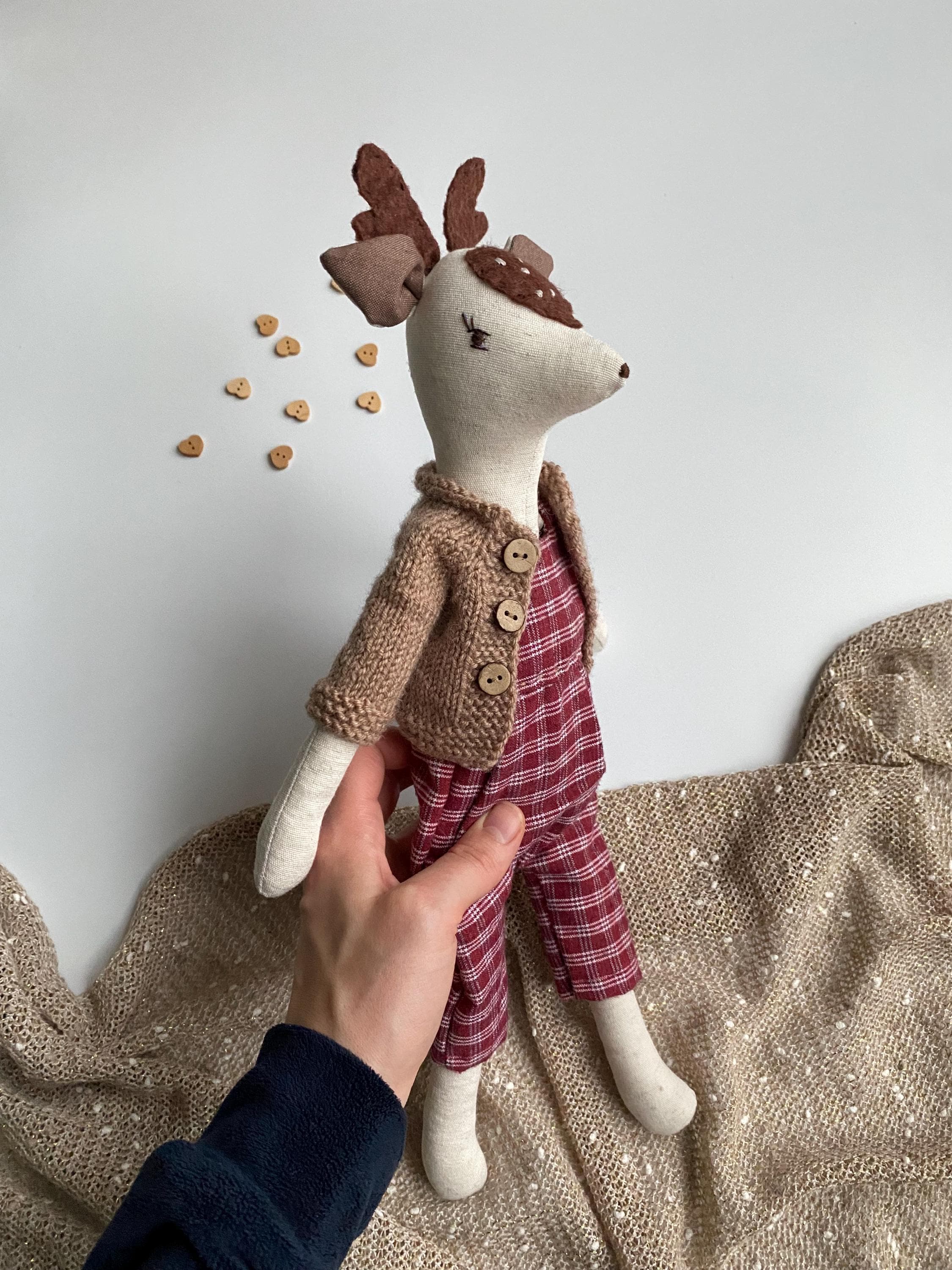 Linen Deer Doll with Knitted Sweater, Woodland Nursery Decor - image 3