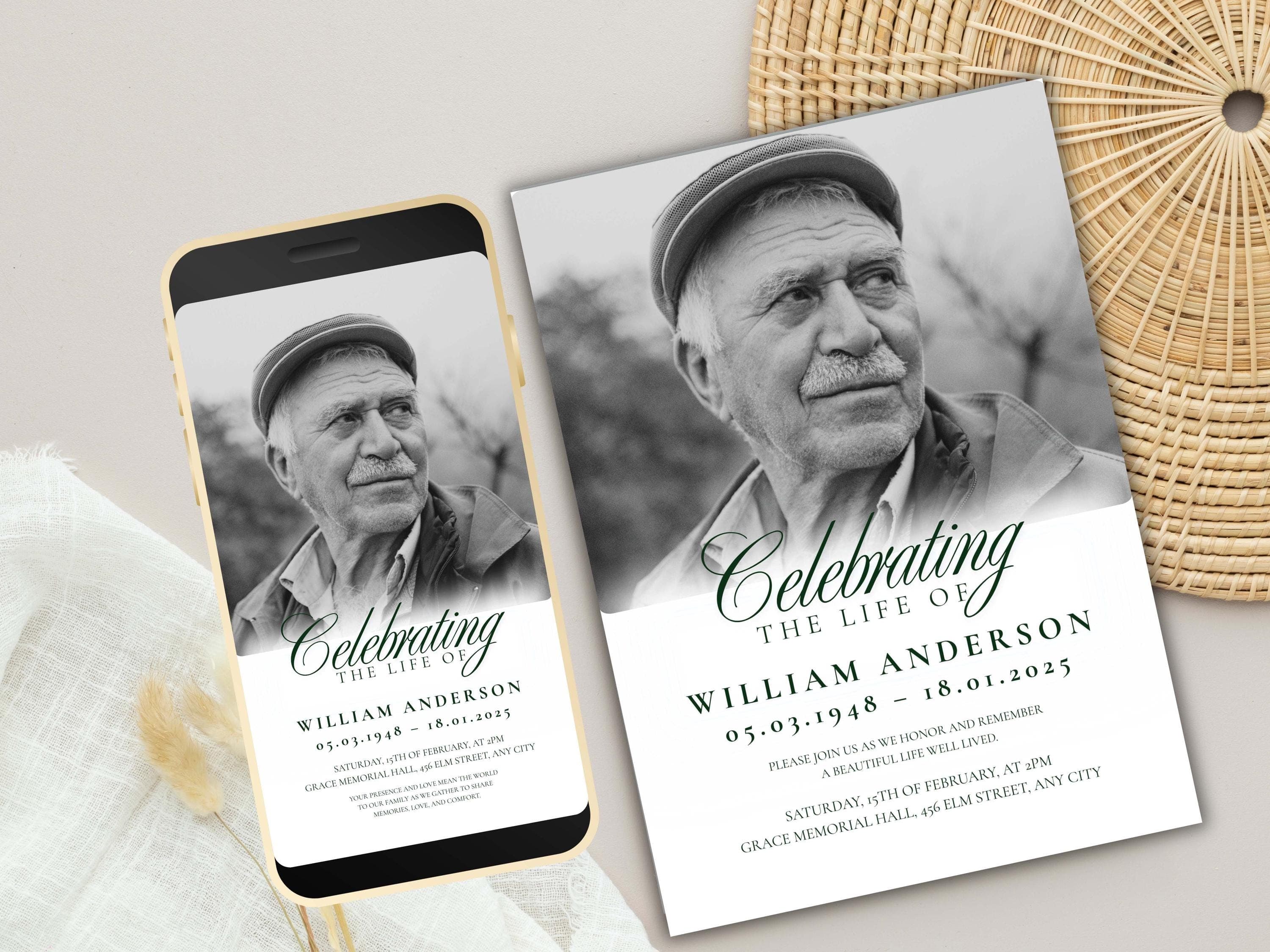 Funeral Invitation Template: Celebration of Life, Editable Memorial Card (Digital Download, 5x7 & Mobile Size)